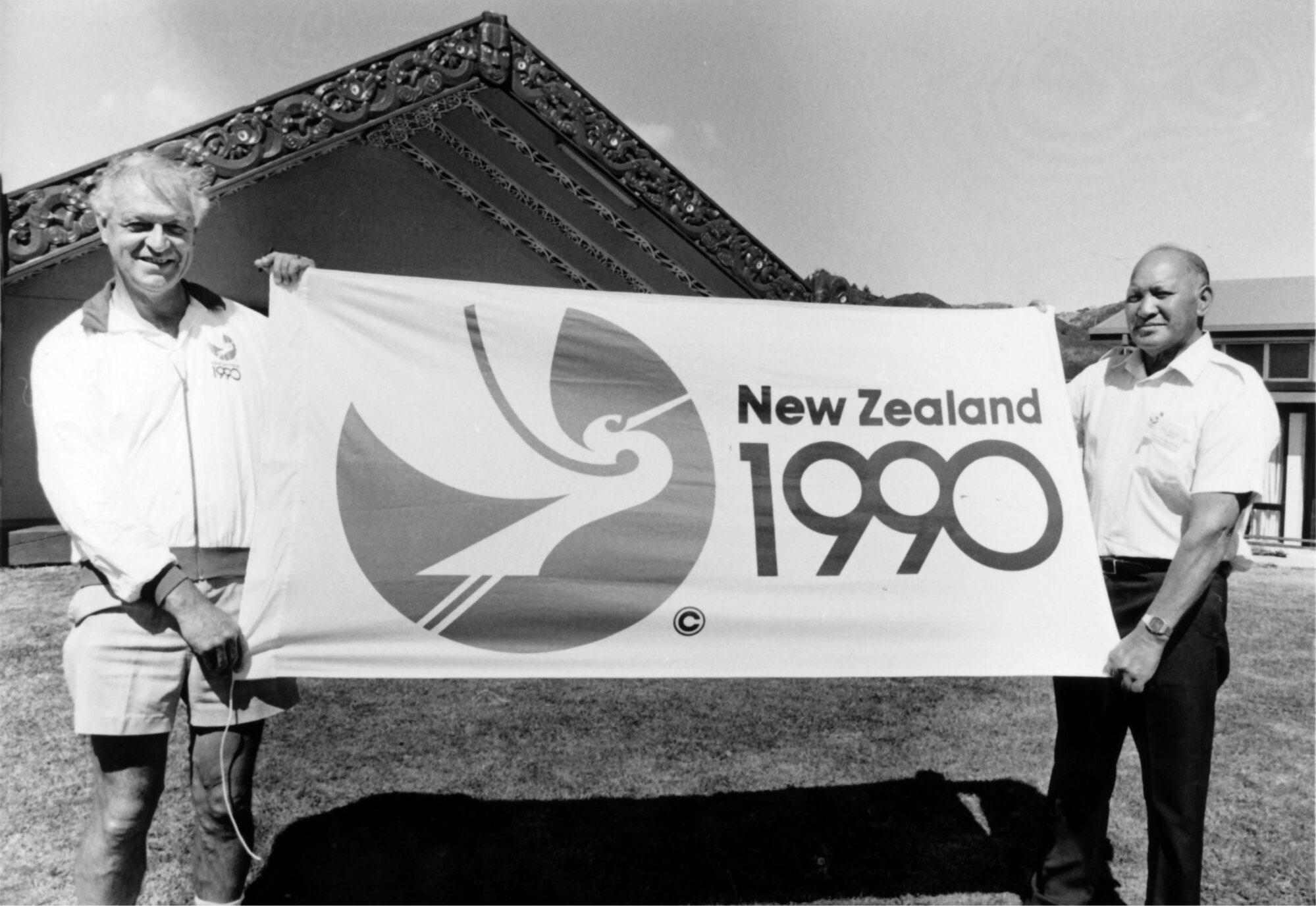 Ōrongomai Marae 1990; sesquicentennial flag; Keith Stewart, Nuia Waikari.