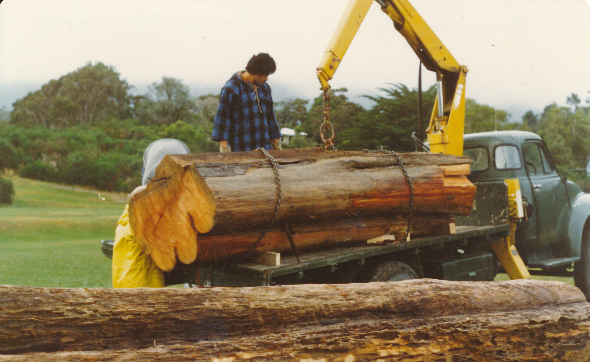 Ōrongomai Marae 1977-78; totara log being loaded at Te Marua golf course