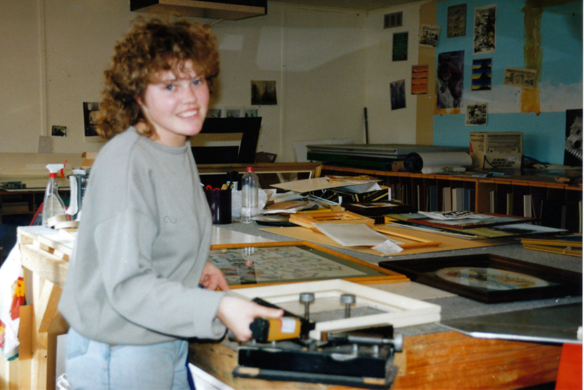 Chaplow's; full-time frame-maker Jodie Parker making cross-stitch frames.