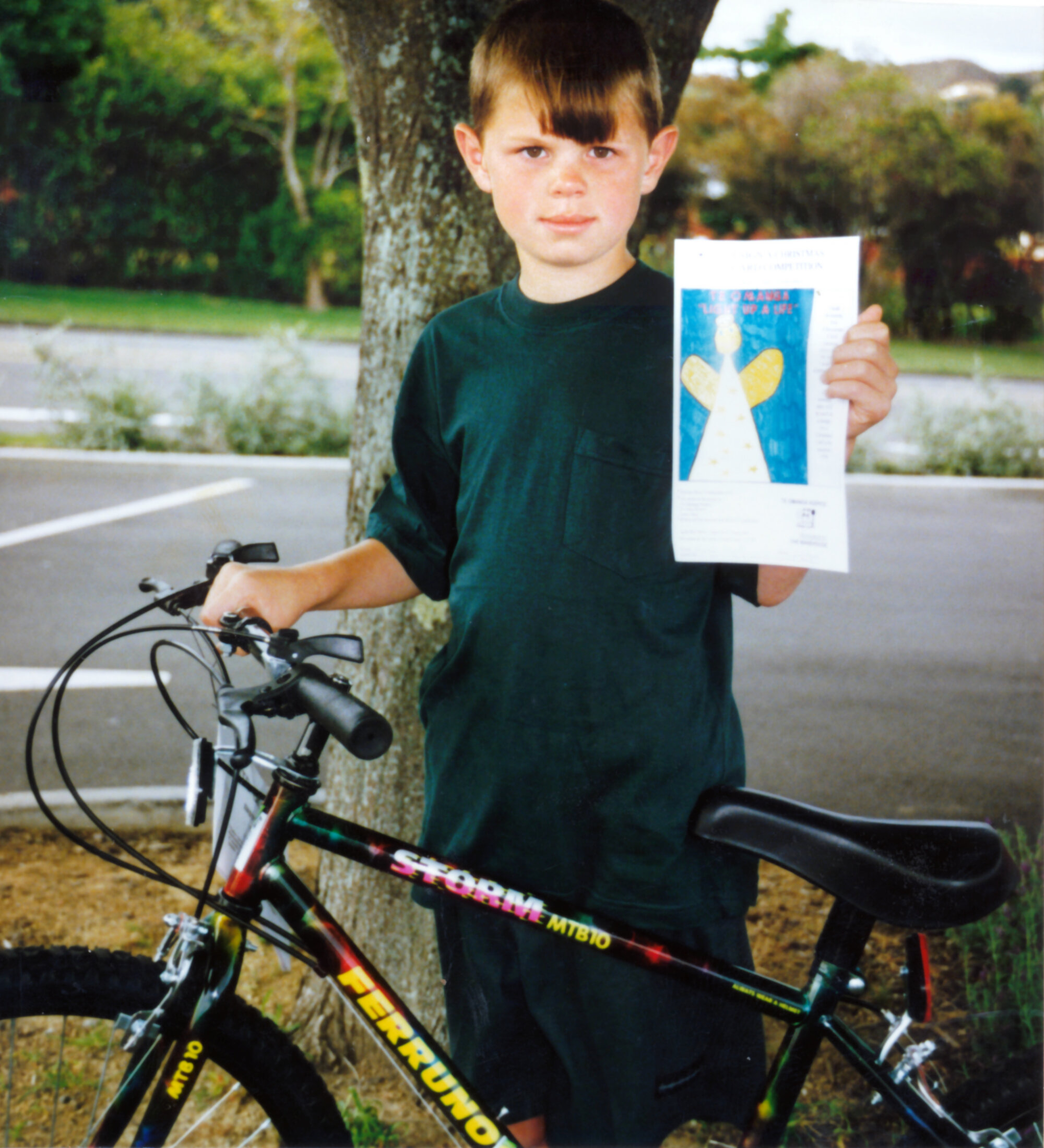 Te Omanga Hospice Christmas card designed by Aaron Scott; top prize a bike.