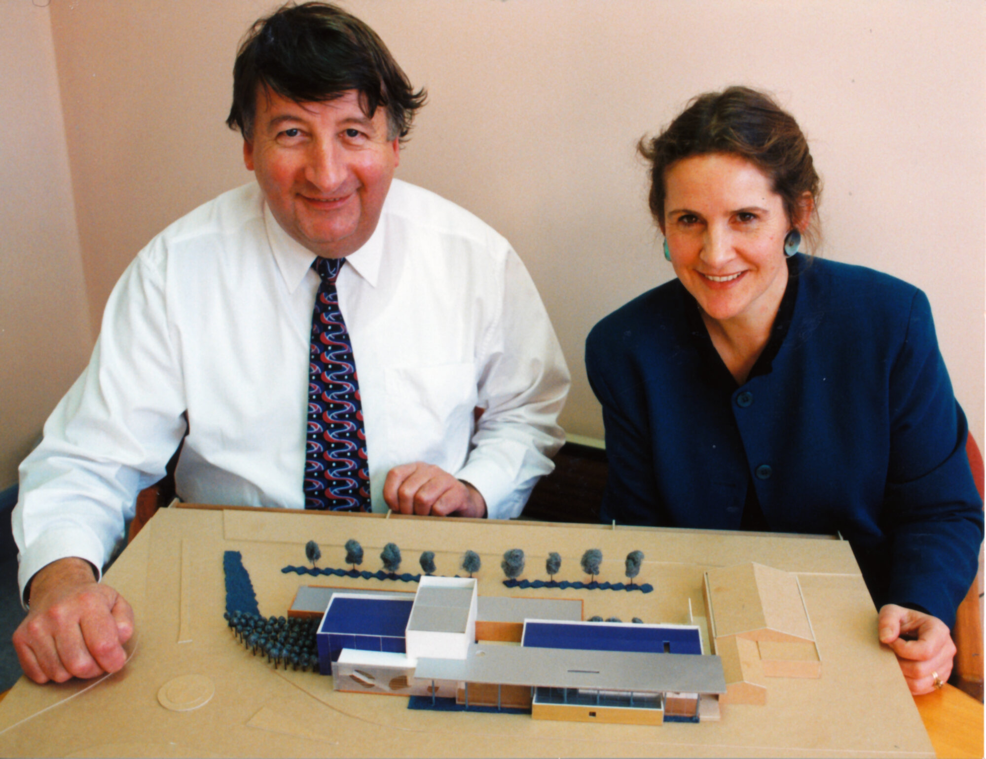 Arts centre proposal, north side of Fergusson Drive; Bob Clark, Anne Salmond, and model.