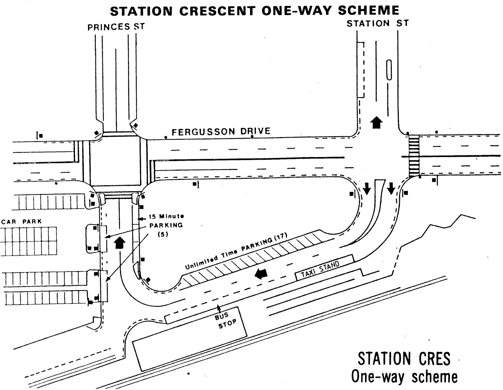 Traffic management 1988; Station Crescent converted to one-way traffic.