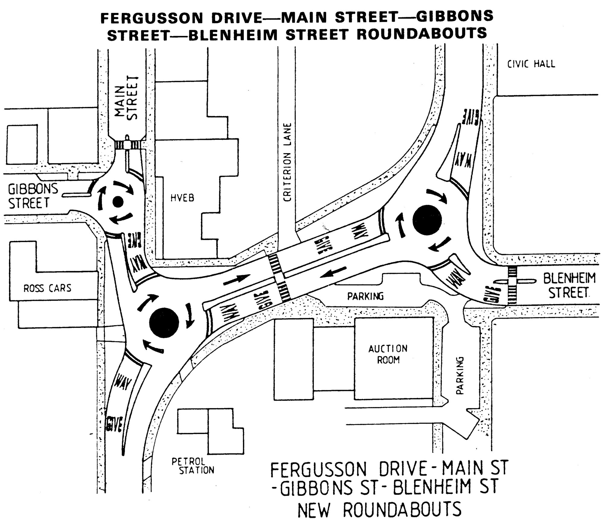 Traffic management 1988; roundabouts at Main, Blenheim and Gibbons streets and Fergusson Drive.