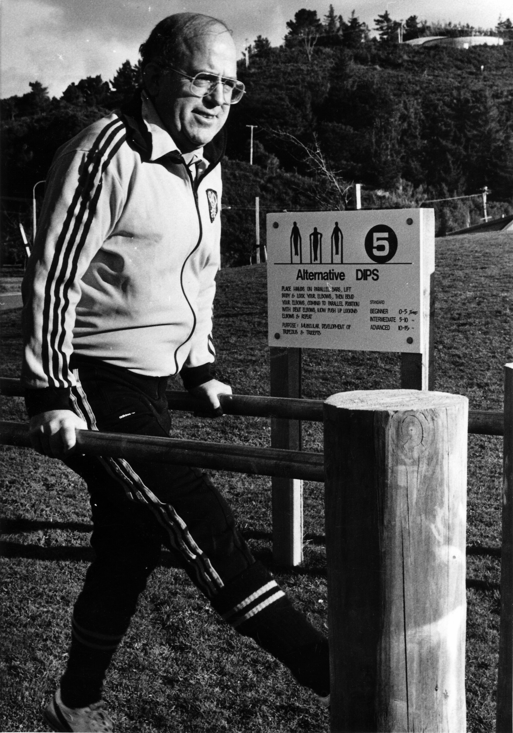 Central Institute of Technology staff; principal Don Griffin  at station 5 of a 10-work-station fitness trail.