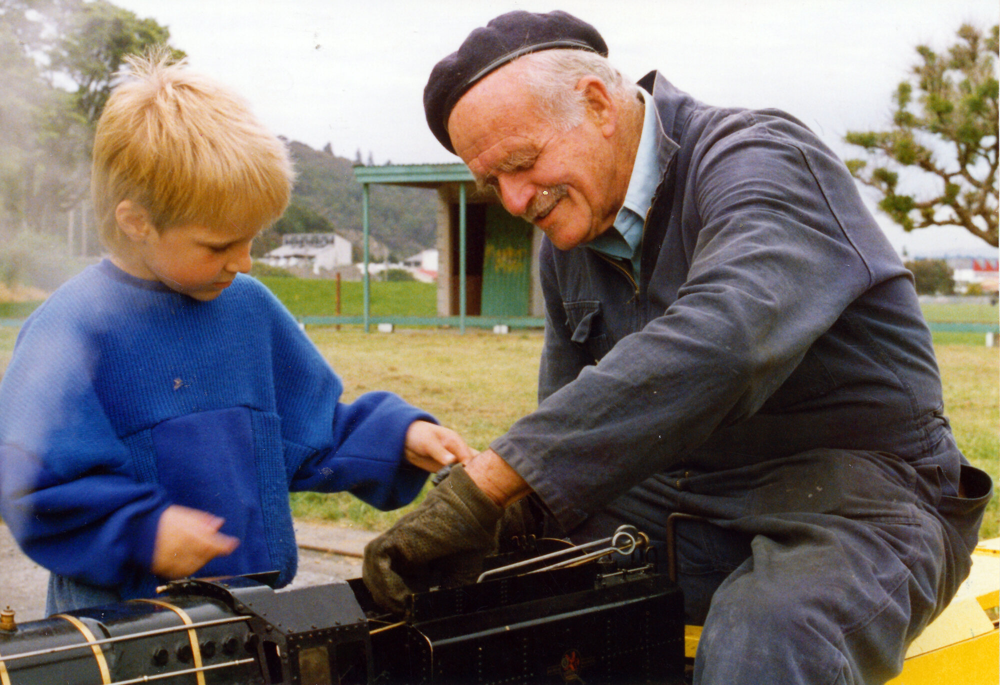 Andrew Brownlow, 5 with Philip Davis and his scale-model Evening Star, Maidstone Park.