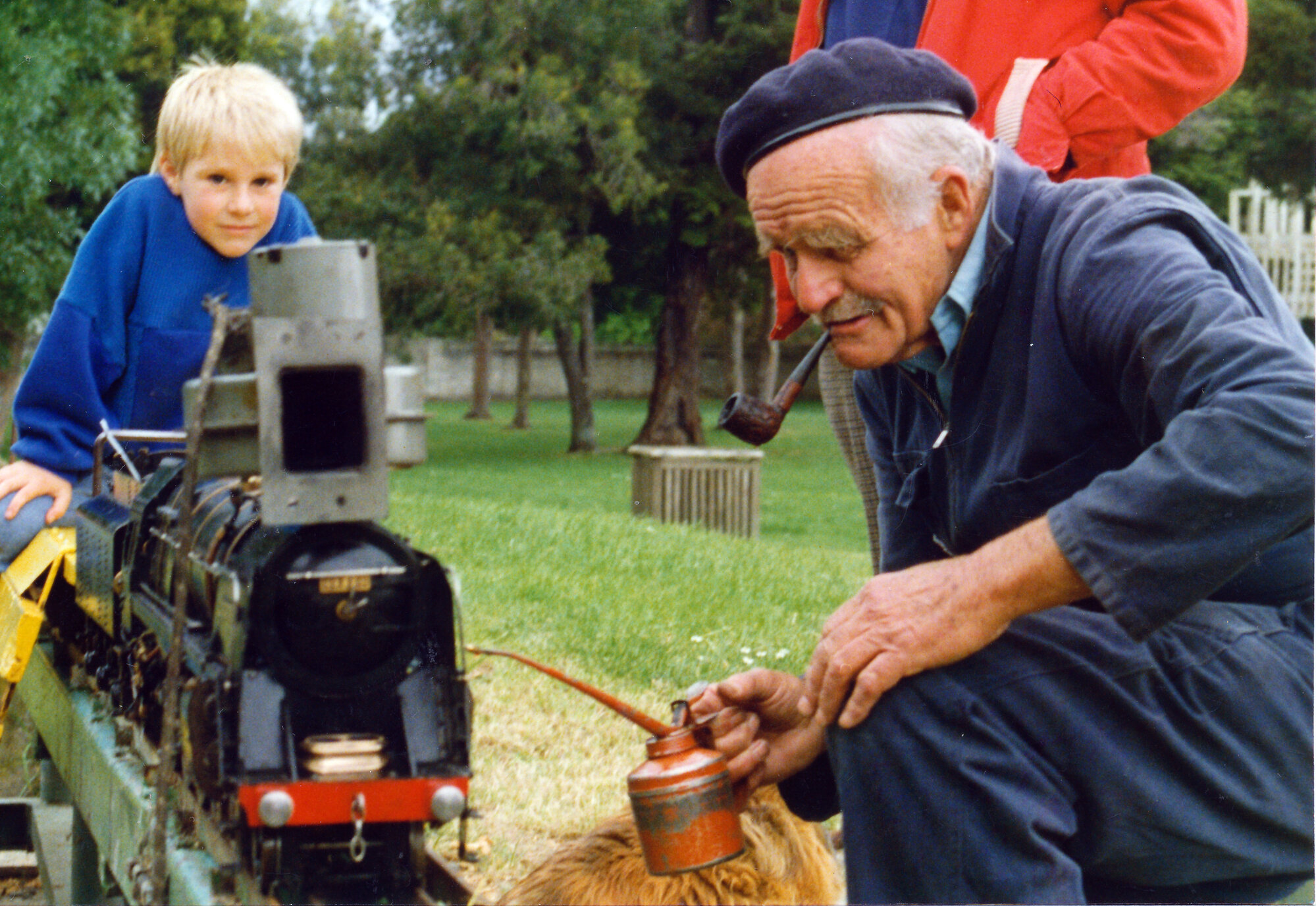 Andrew Brownlow, 5 with Philip Davis and his scale-model Evening Star, Maidstone Park.