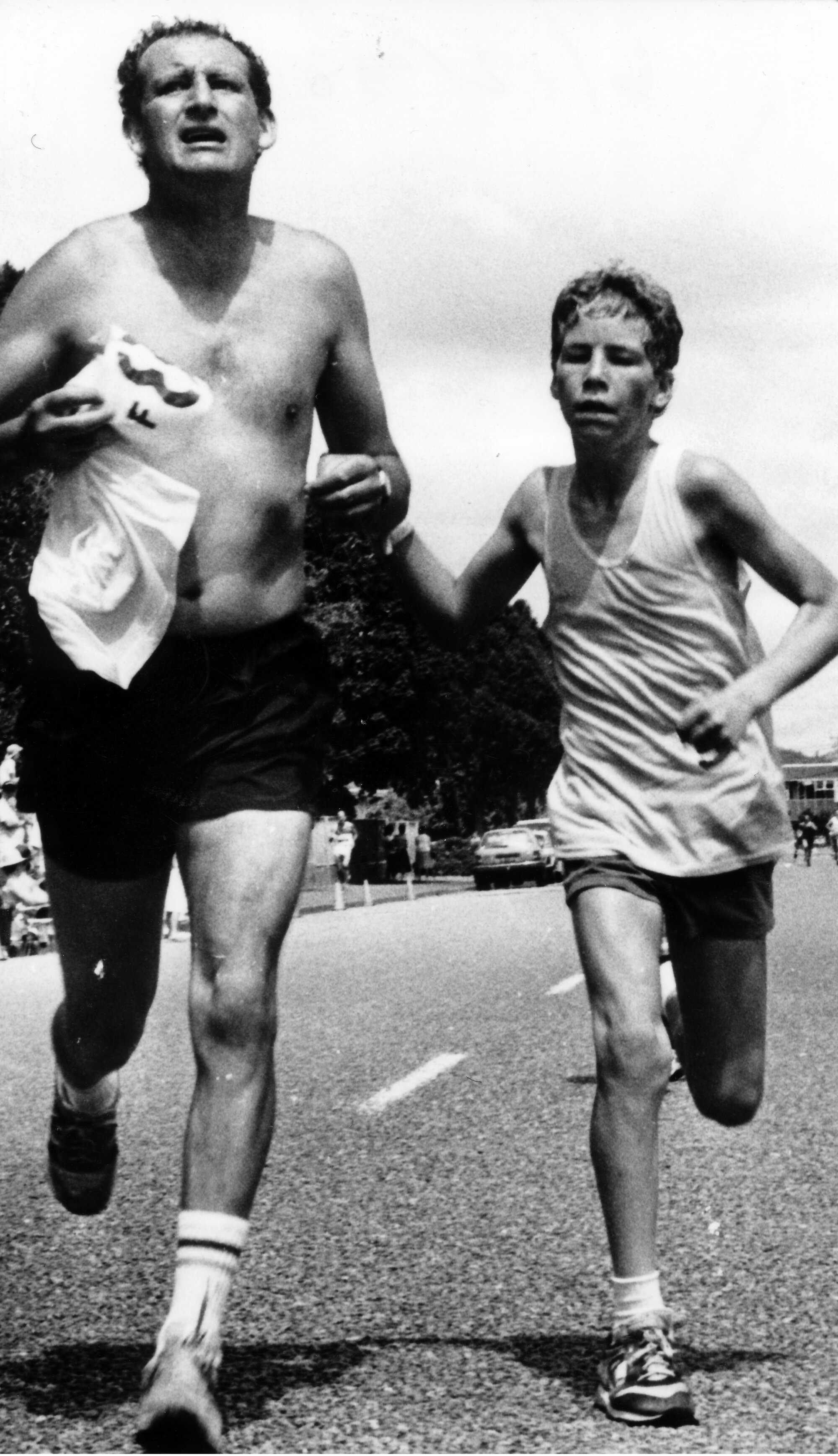 Leader fun run, 1988; family-section winners Kevin and Sam Blair.