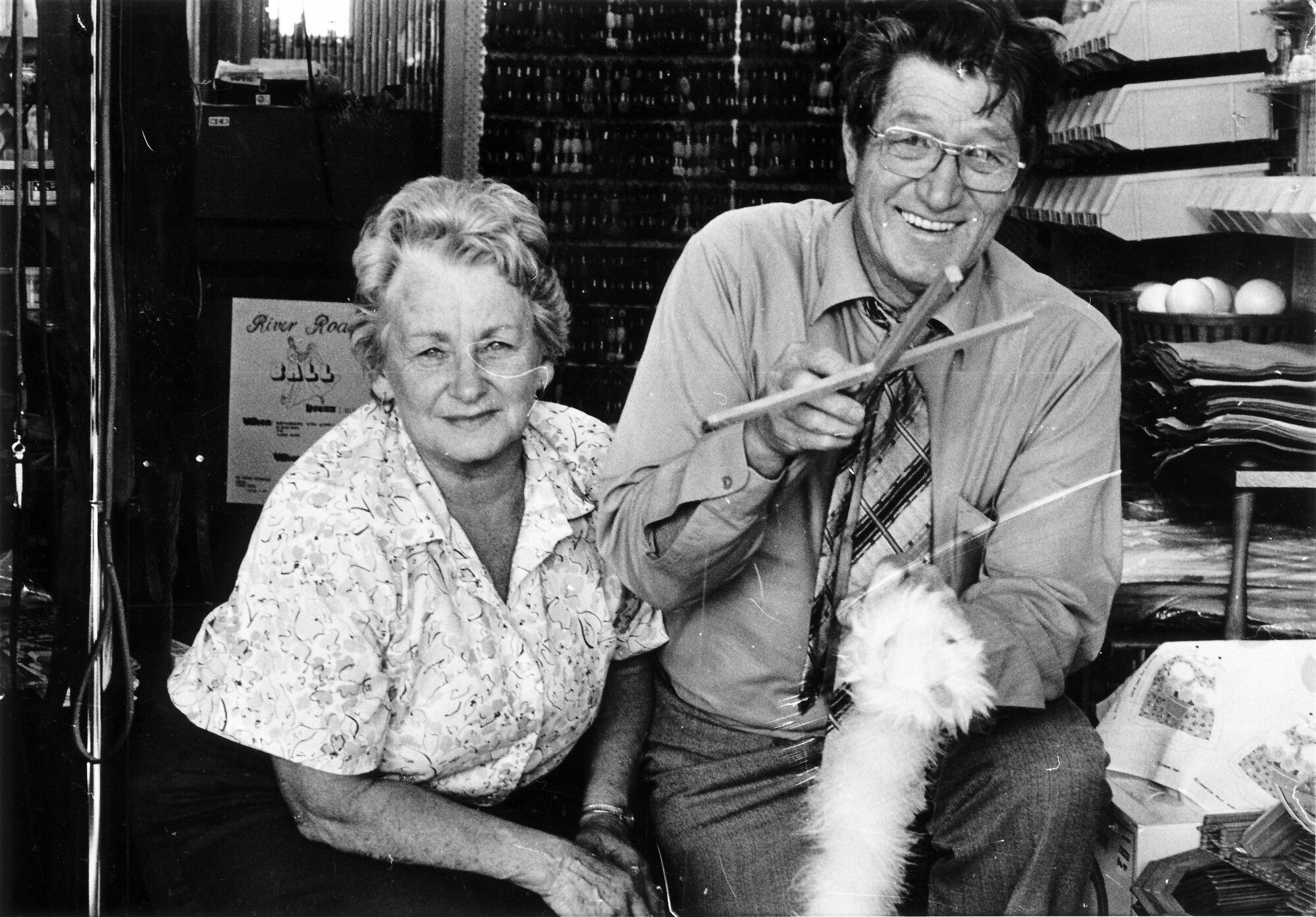 Hawley Handicrafts, 14 Pine Avenue;  owners Lorna and Reg Hawley with a Big Bird puppet.