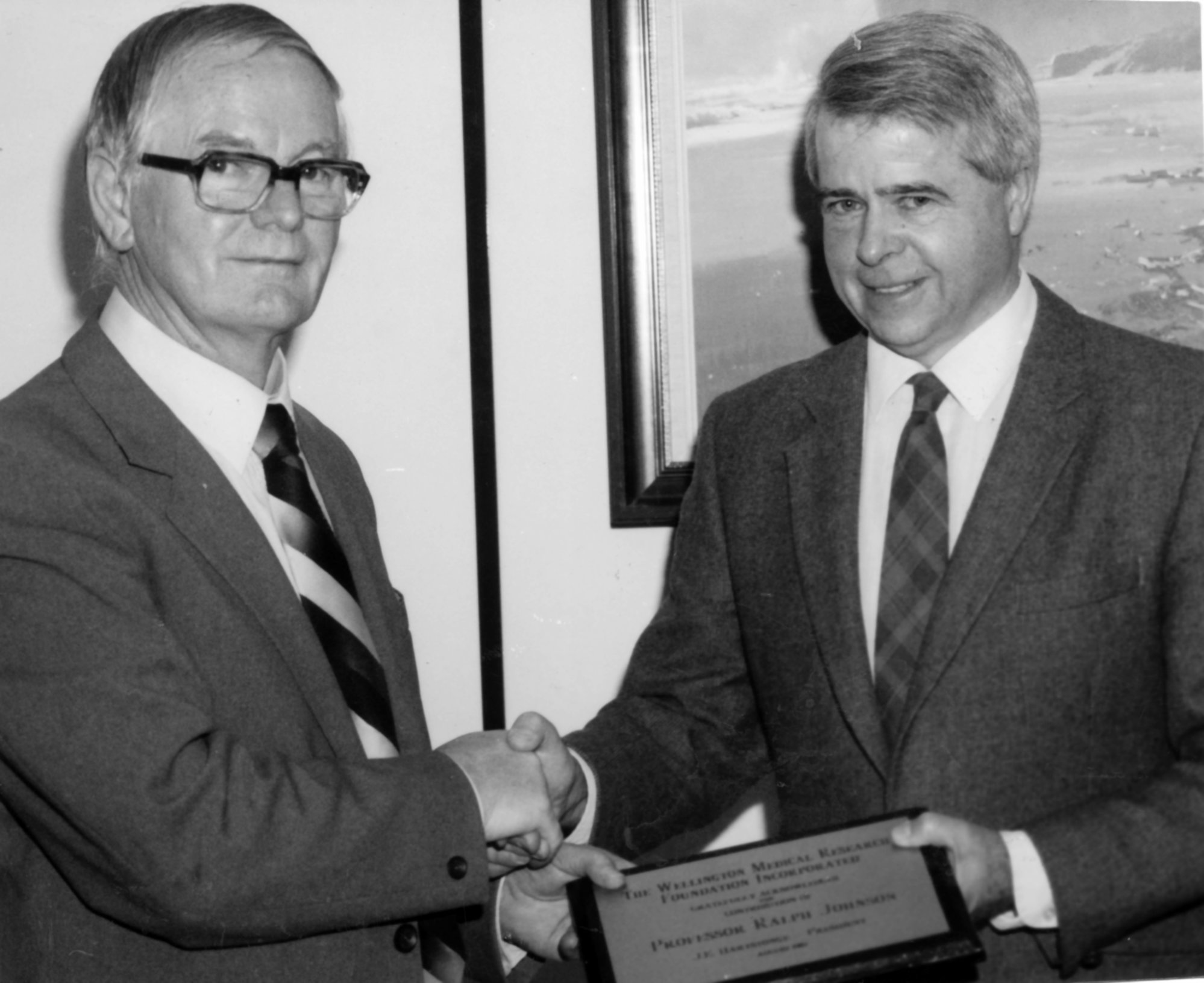 Medic Alert Foundation; Wellington president John Hartstonge acknowlegges professor Ralph Johnston's services.