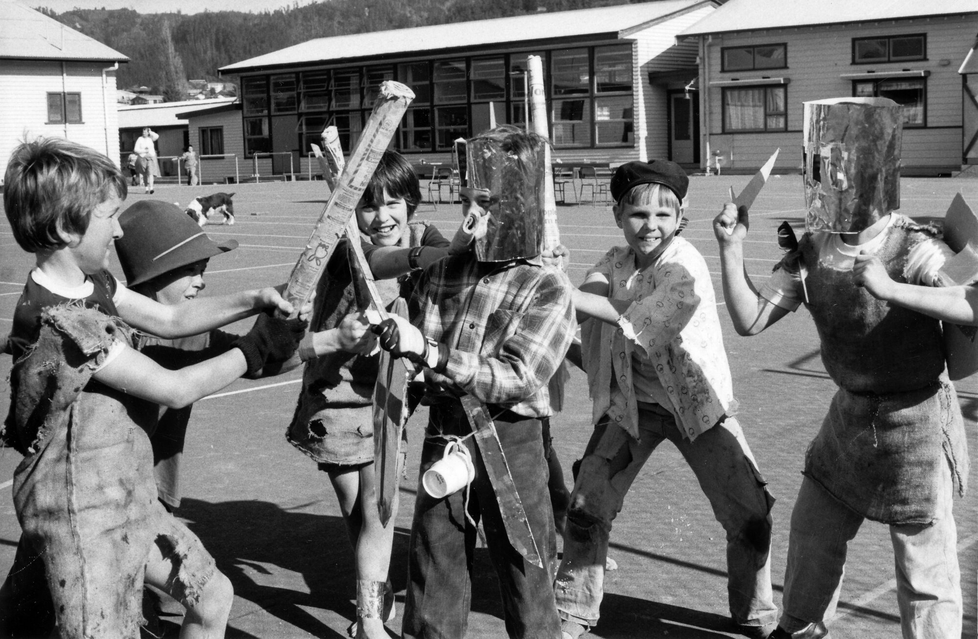 Mock battle at Silverstream School medieval tournament, 1983
