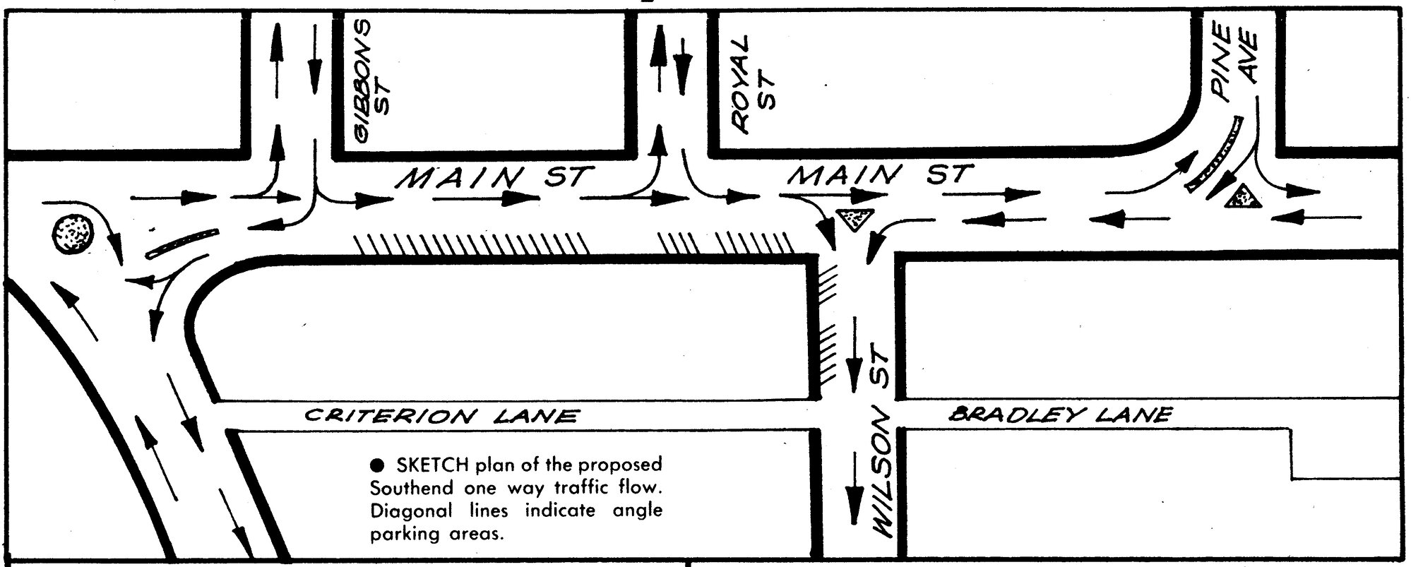 Traffic management 1984; Wilson Street and Main Street 'south' (west) end; one-way traffic proposal.