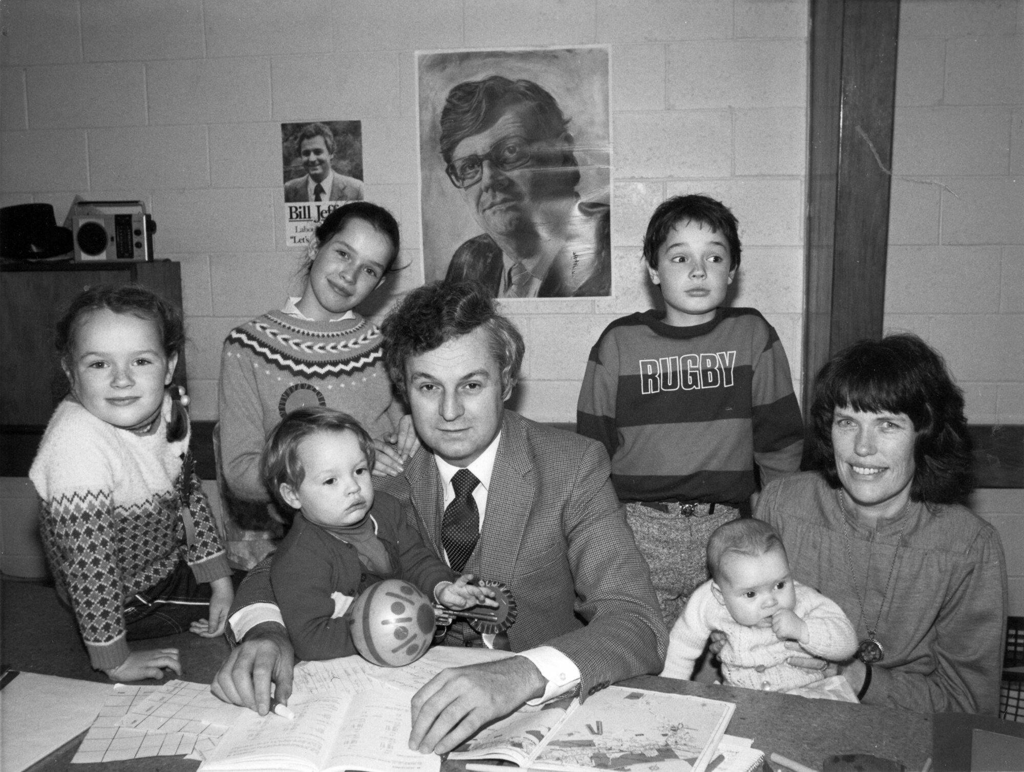 Bill Jeffries re-elected ; with wife Shona and children Martha, 5; Joseph, 2; Hannah, 5 months; Ruth, 12; Sam, 9.