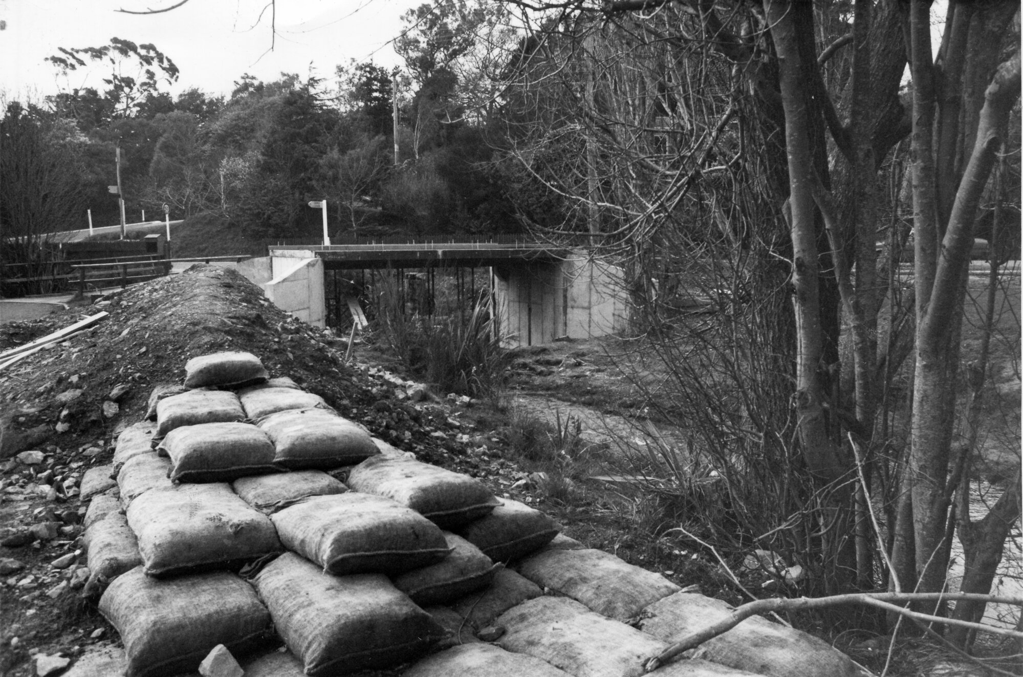 Pinehaven Stream; partly-finished stopbank and bridge near the Reformed Church site.