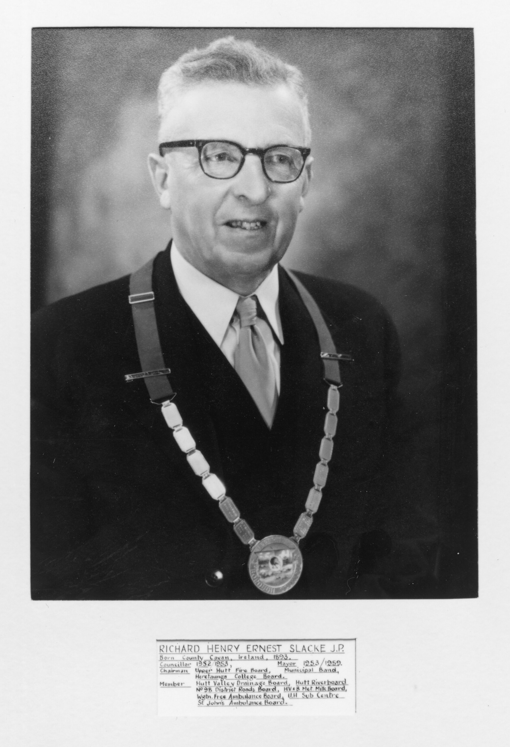 Mayor, 1953-1959; Richard Henry Ernest Slacke, J.P. Studio portrait.