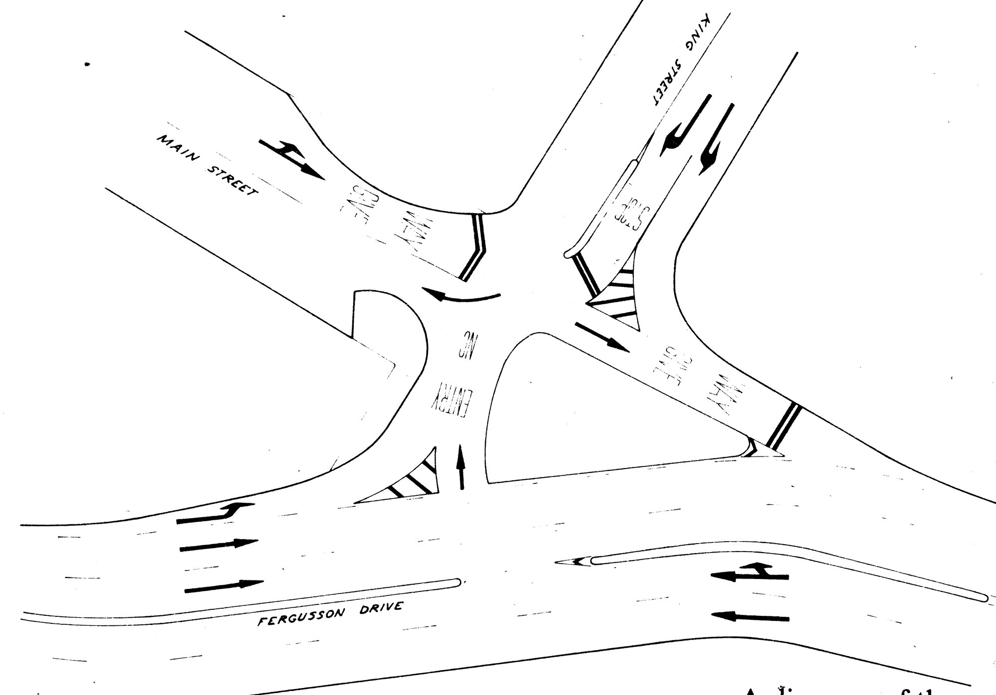 Main Street, King Street and Fergusson Drive intersection; lane and island changes.