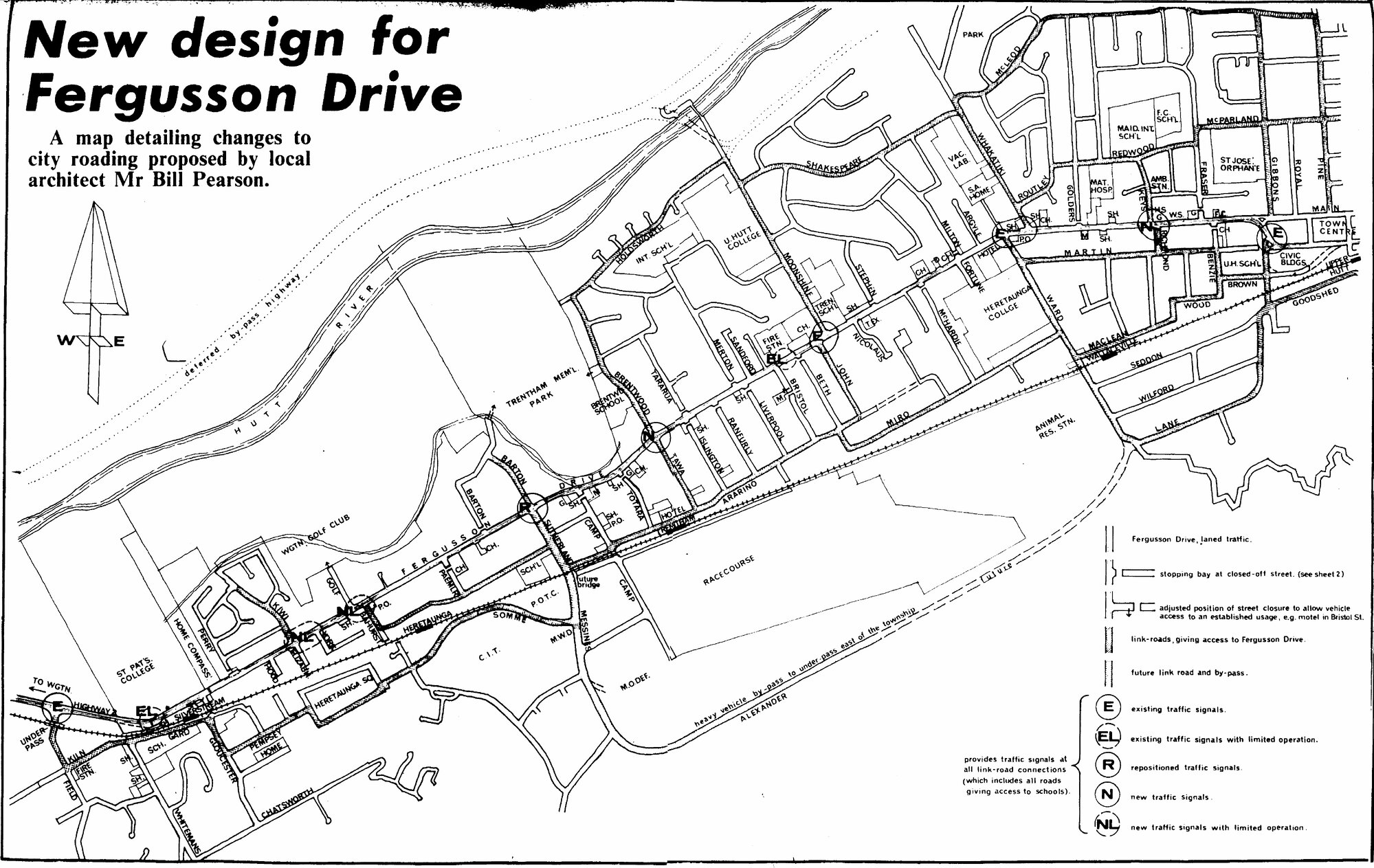 Traffic management 1980; Fergusson Drive; proposal for four lanes with limited access, Silverstream to Main Street.