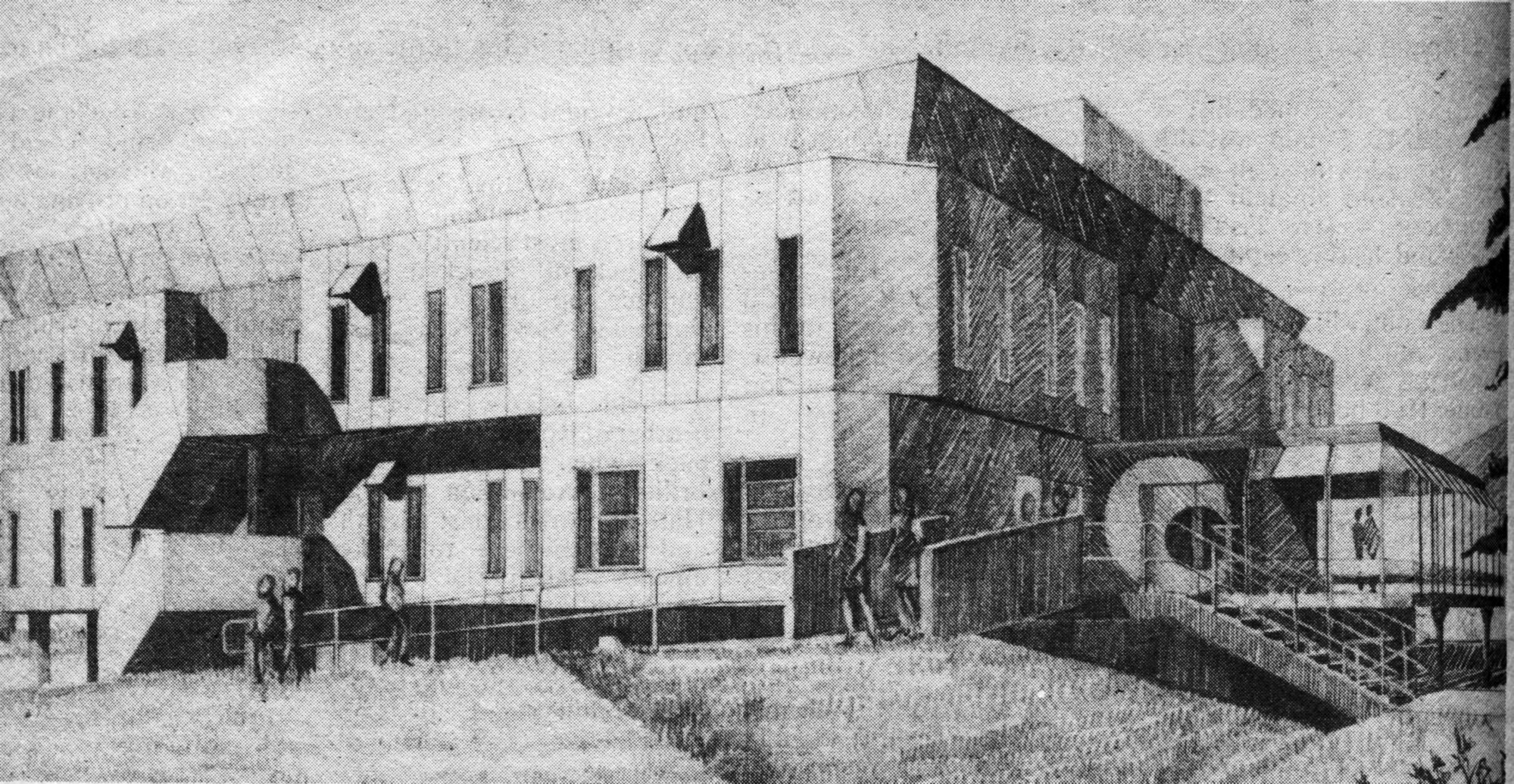 Central Institute of Technology buildings; the Bateman Library, from the southwest; architects' drawing.