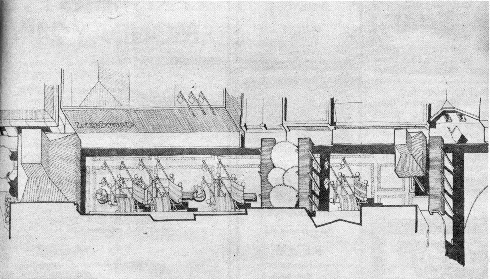 Main Street; pedestrian precinct proposal; drawing of 'bird's-eye' view from the south side
