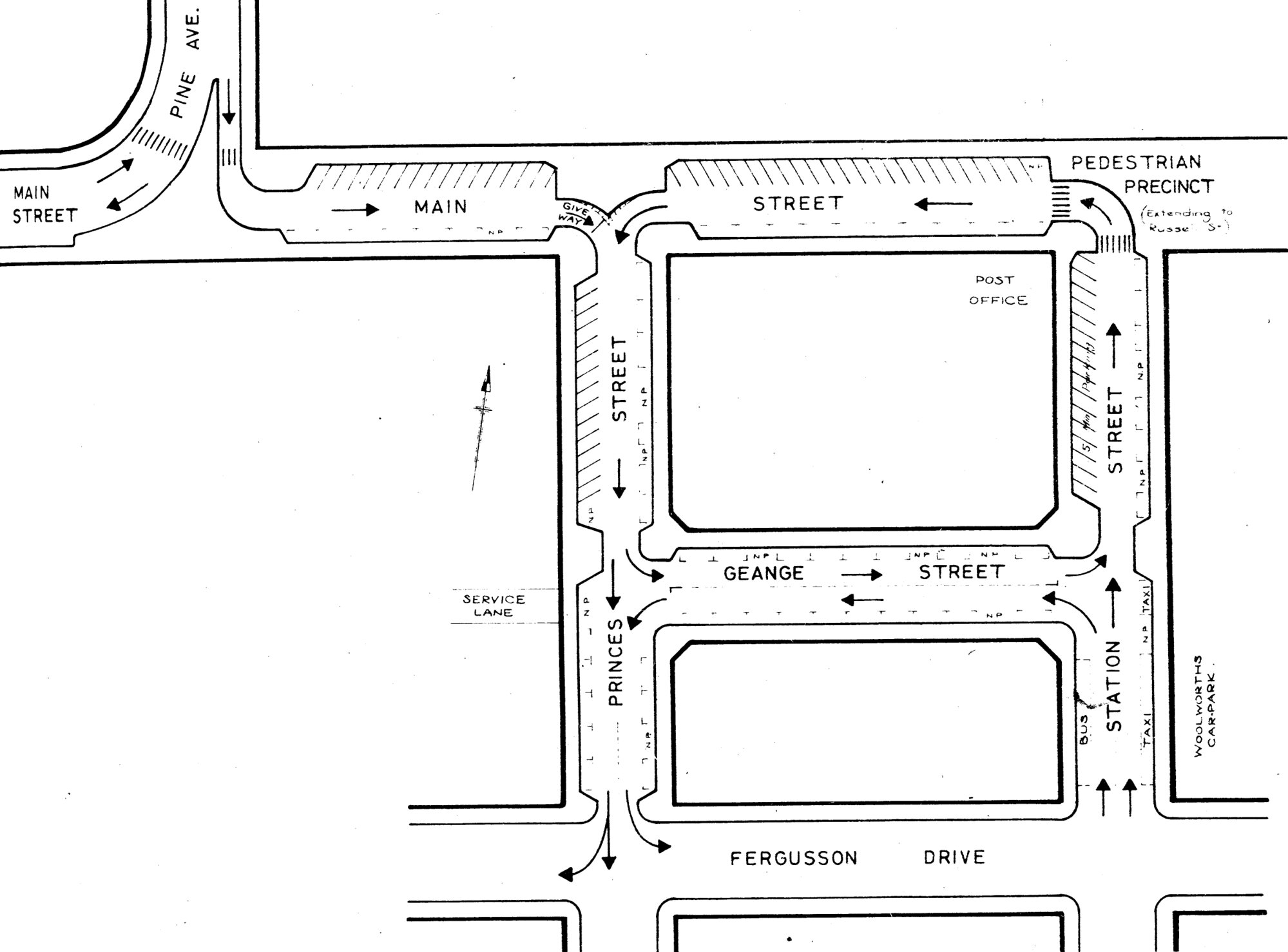 Traffic management 1974; changes for introduction of pedestrian mall.