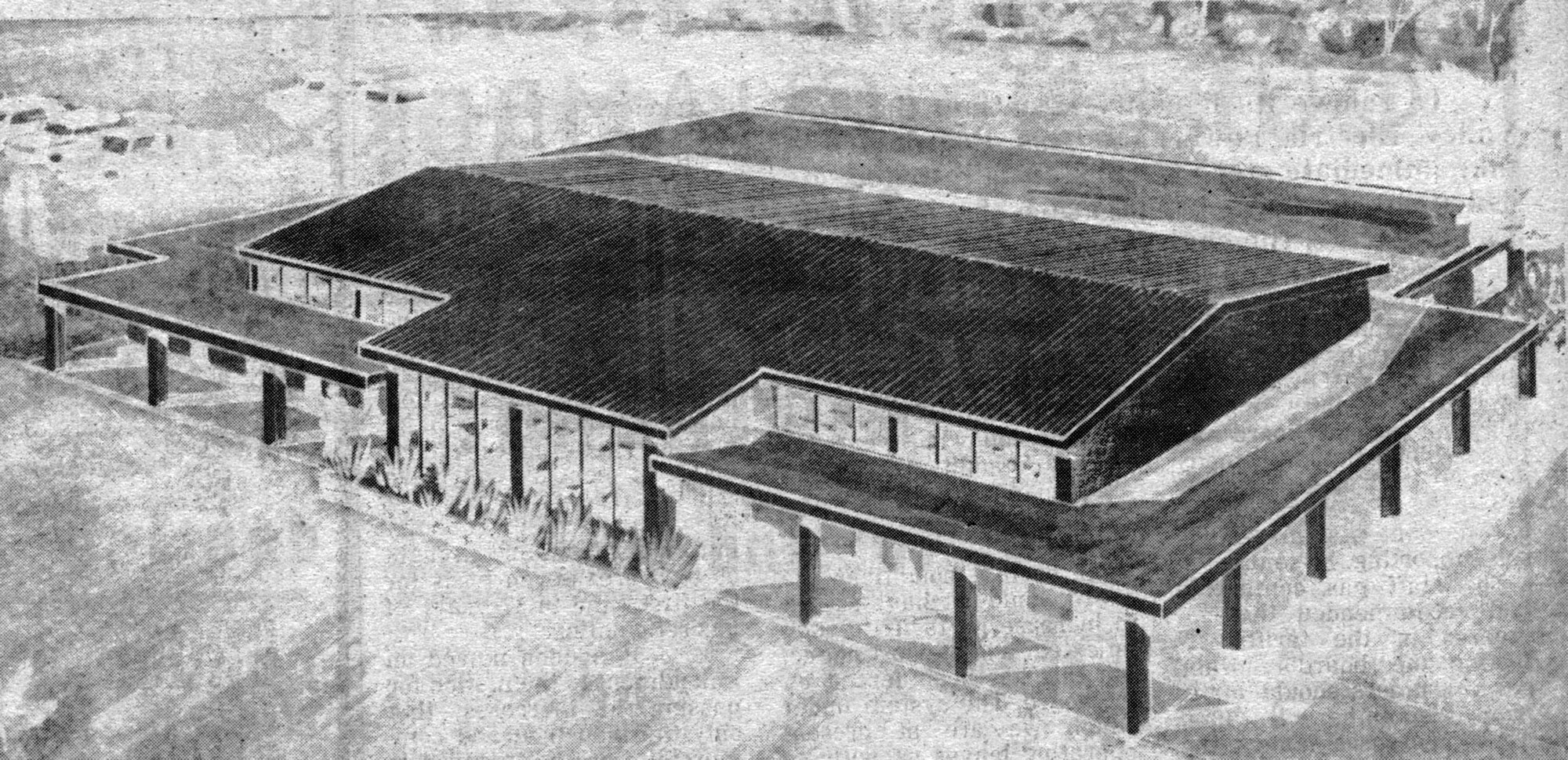 Ōrongomai Marae 1974; architect's drawing of the community centre