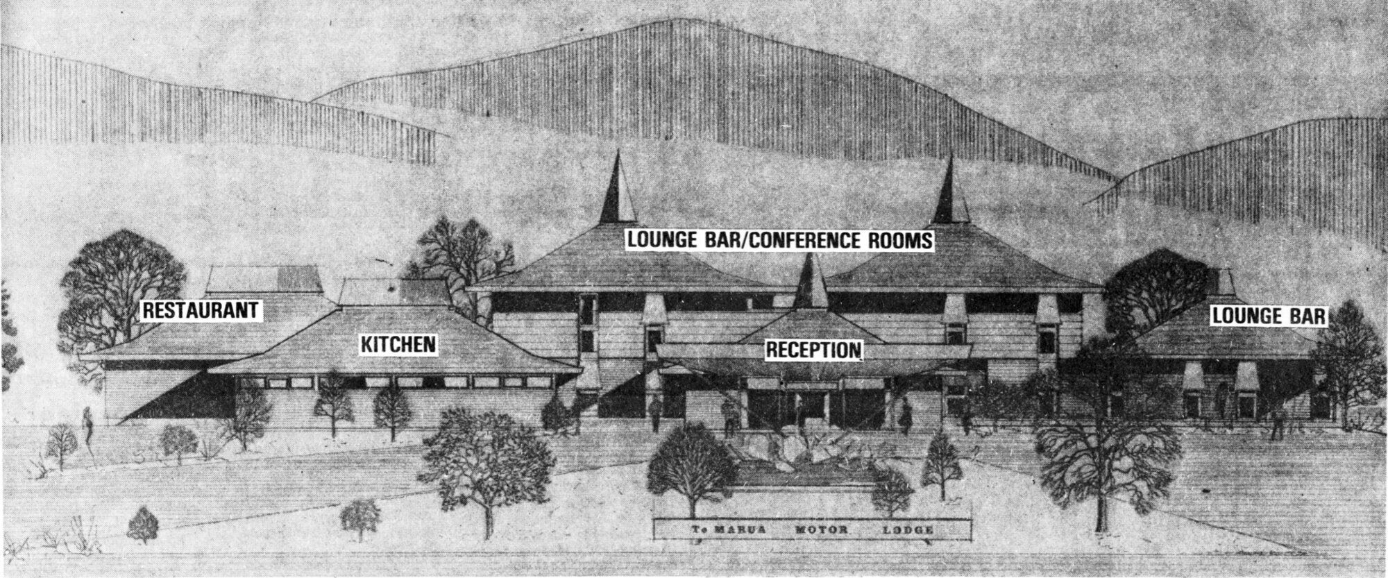 Te Marua; proposed $1 500 000 motor lodge; architect's drawing and map.