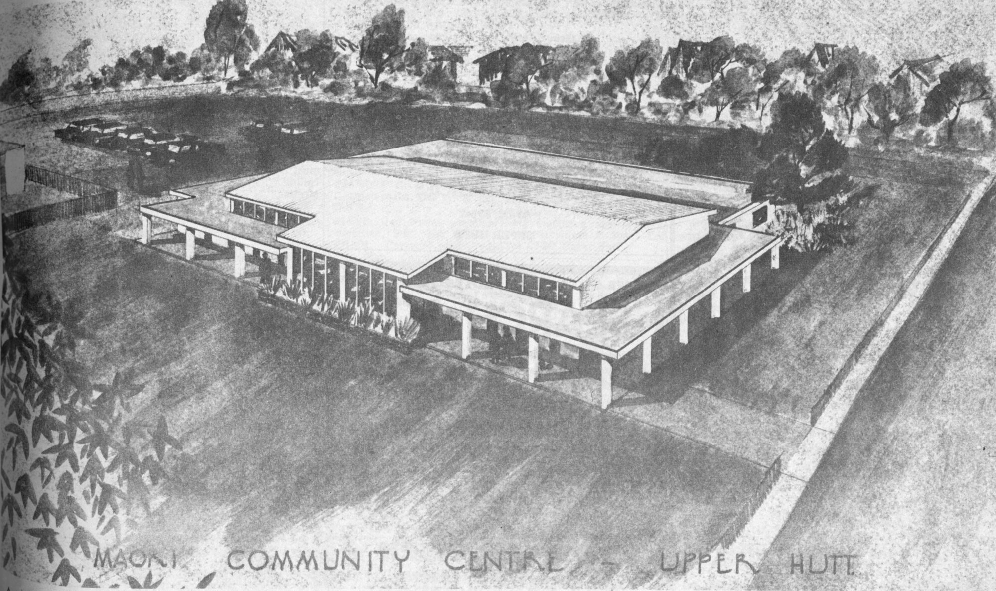 Ōrongomai Marae 1970; architect's drawing of the community centre