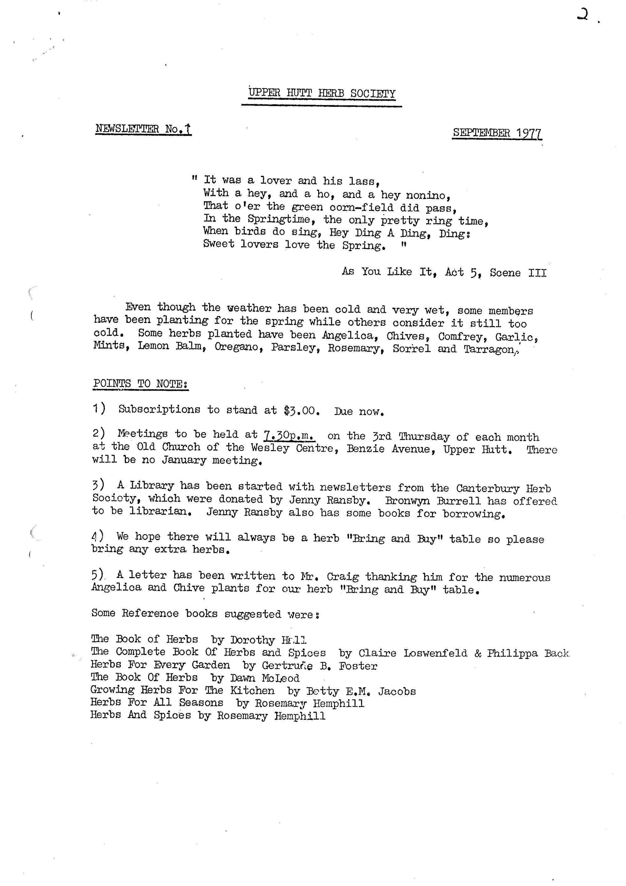 Upper Hutt Herb Society newsletter no. 1, September 1977