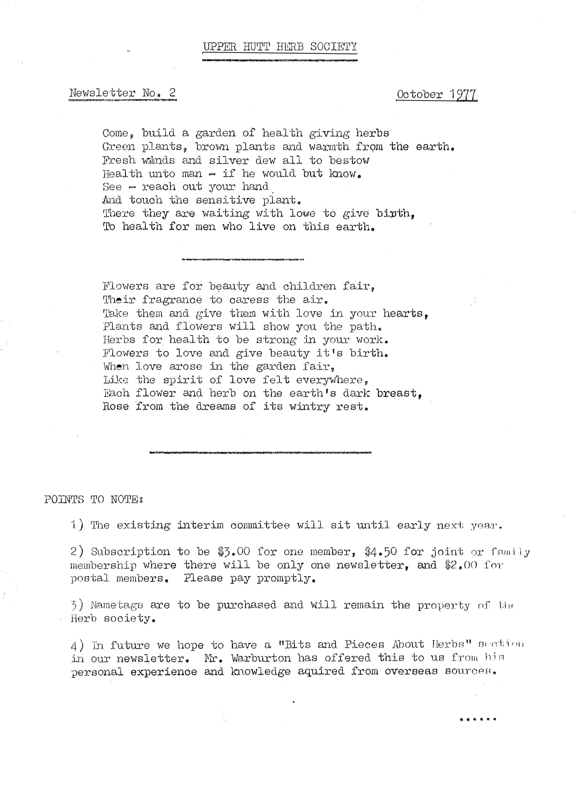 Upper Hutt Herb Society newsletter no. 2, October 1977