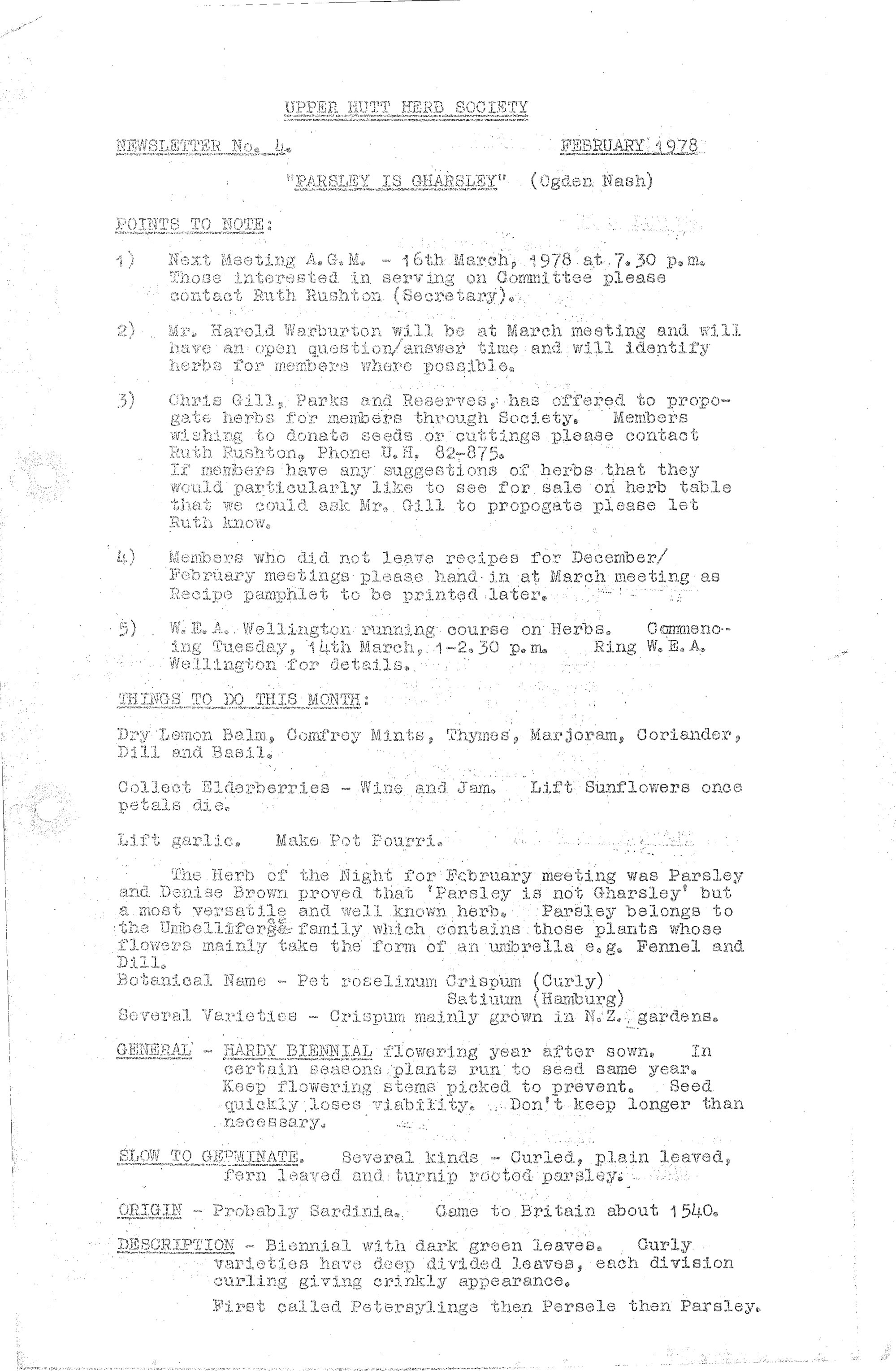 Upper Hutt Herb Society newsletter no. 4, February 1978