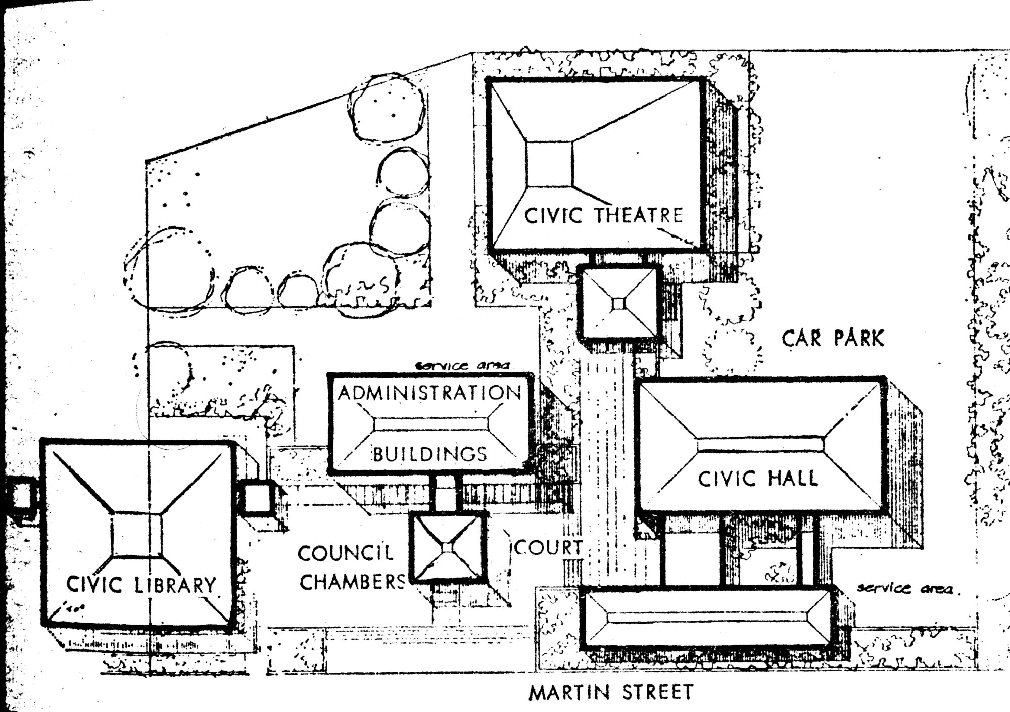 Civic Centre design 10, April 1969; architect's drawing; site plan