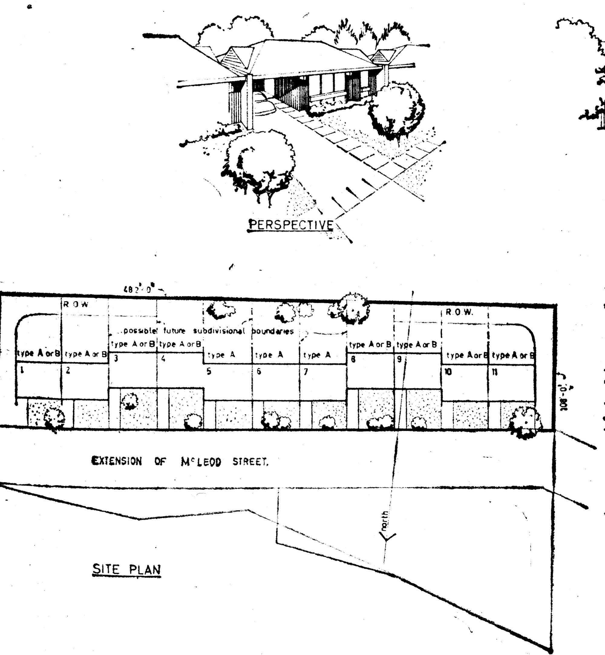 American-style terraced town-house development; perspective view and overall plan