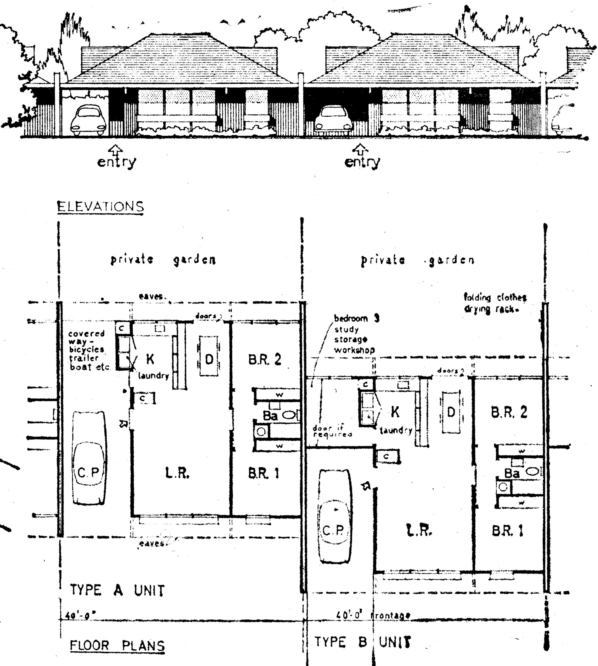 American-style terraced town-house development; front elevation and floor plans