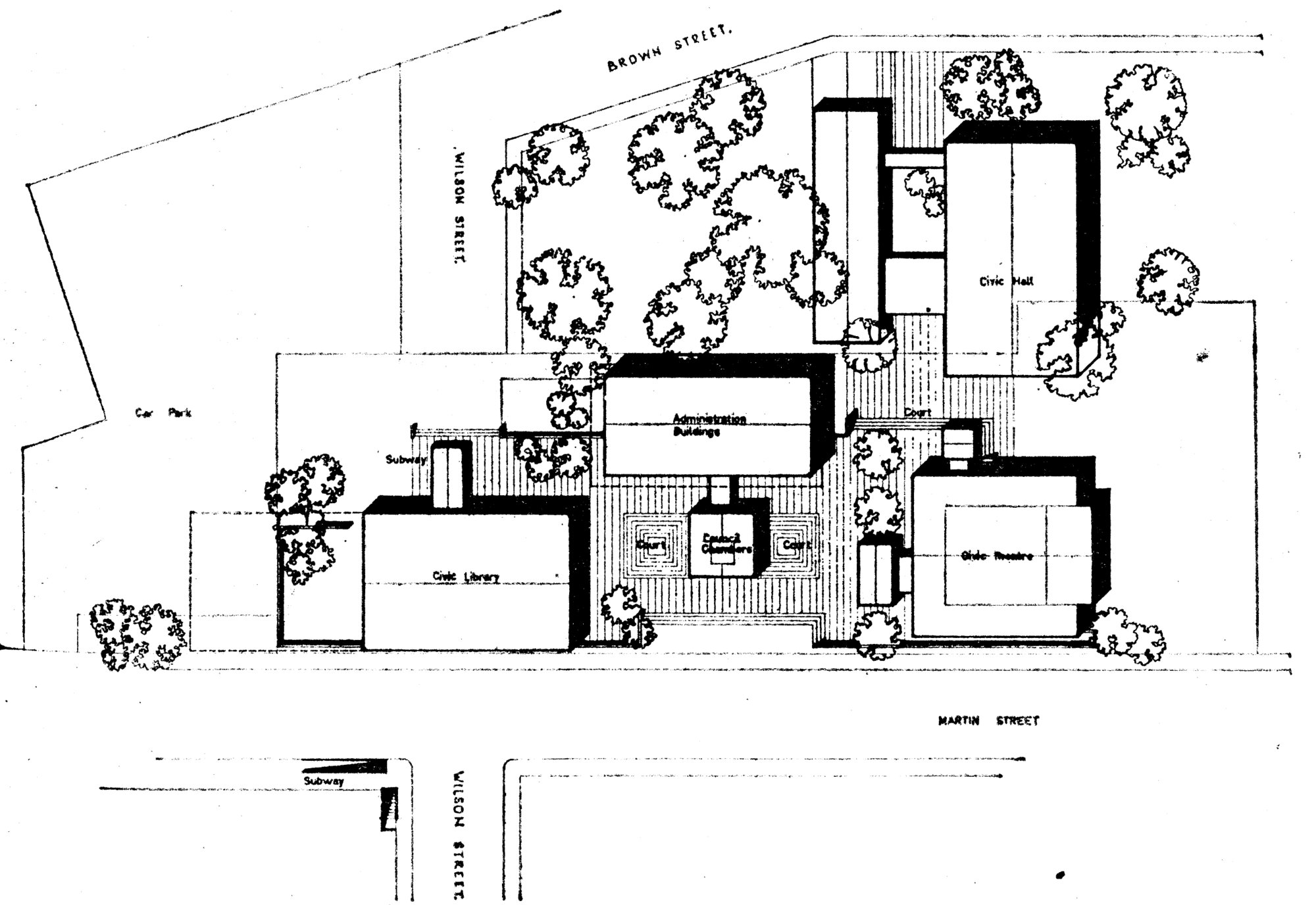 Civic Centre design  3, May 1966; site plan