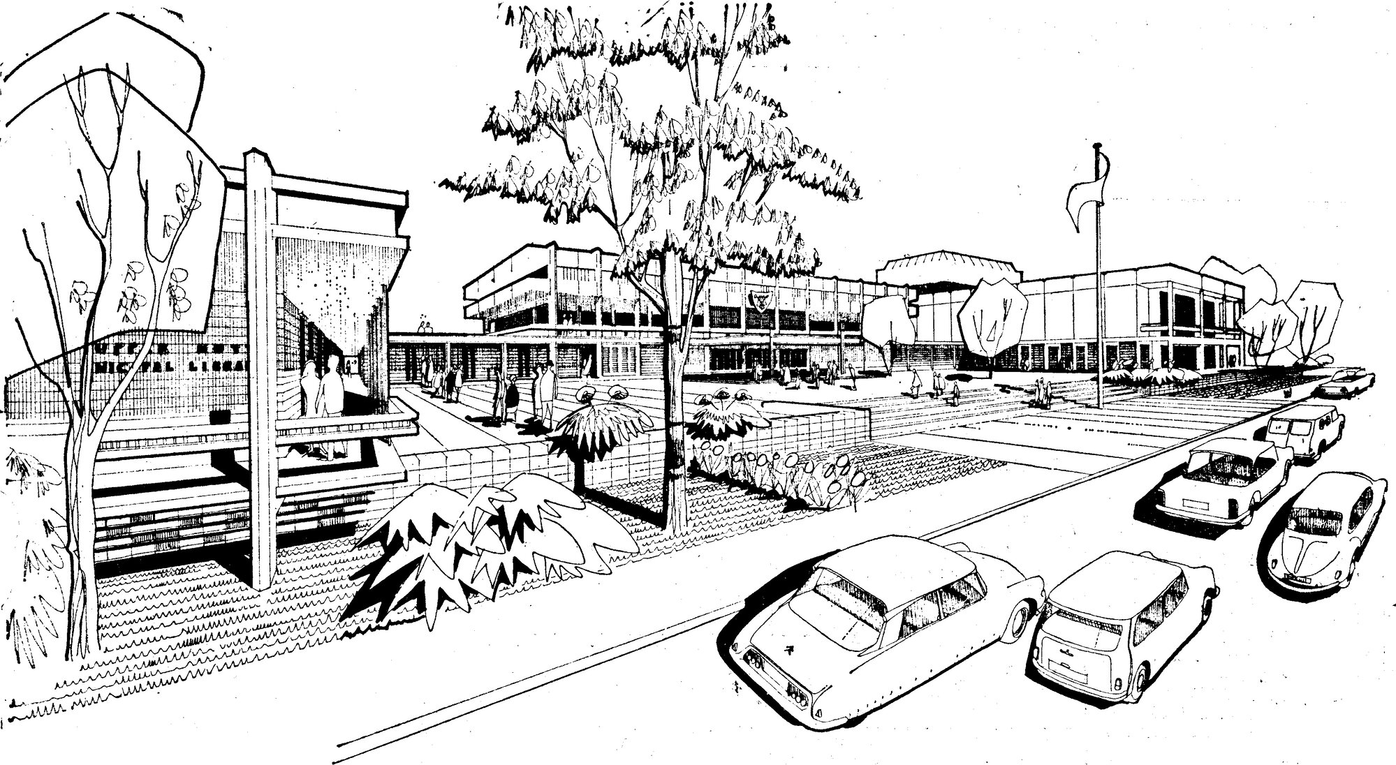 Civic Centre design  2, June 1965; architect's view, looking south-west
