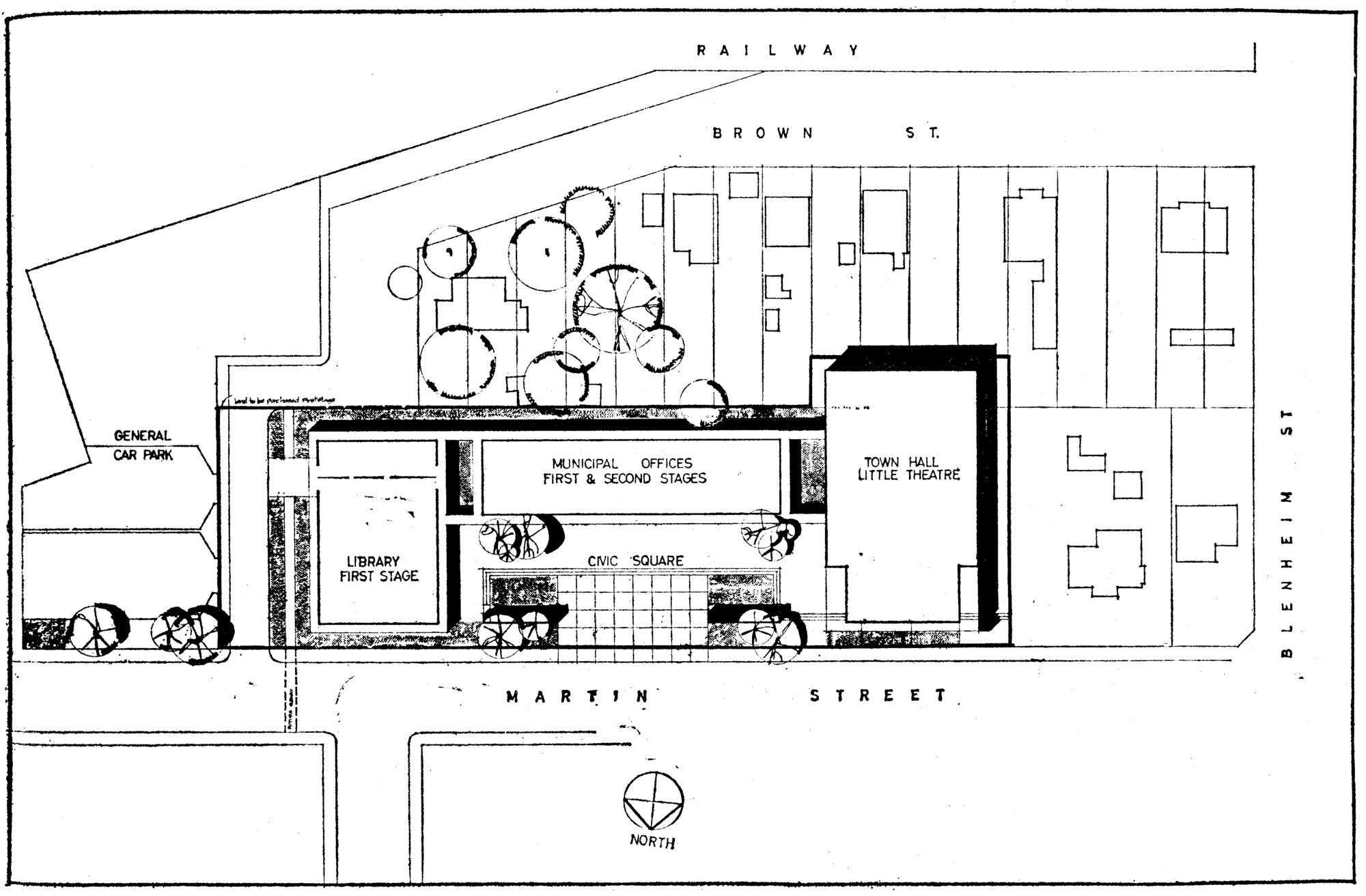 Civic Centre design  1, June 1965; site plan