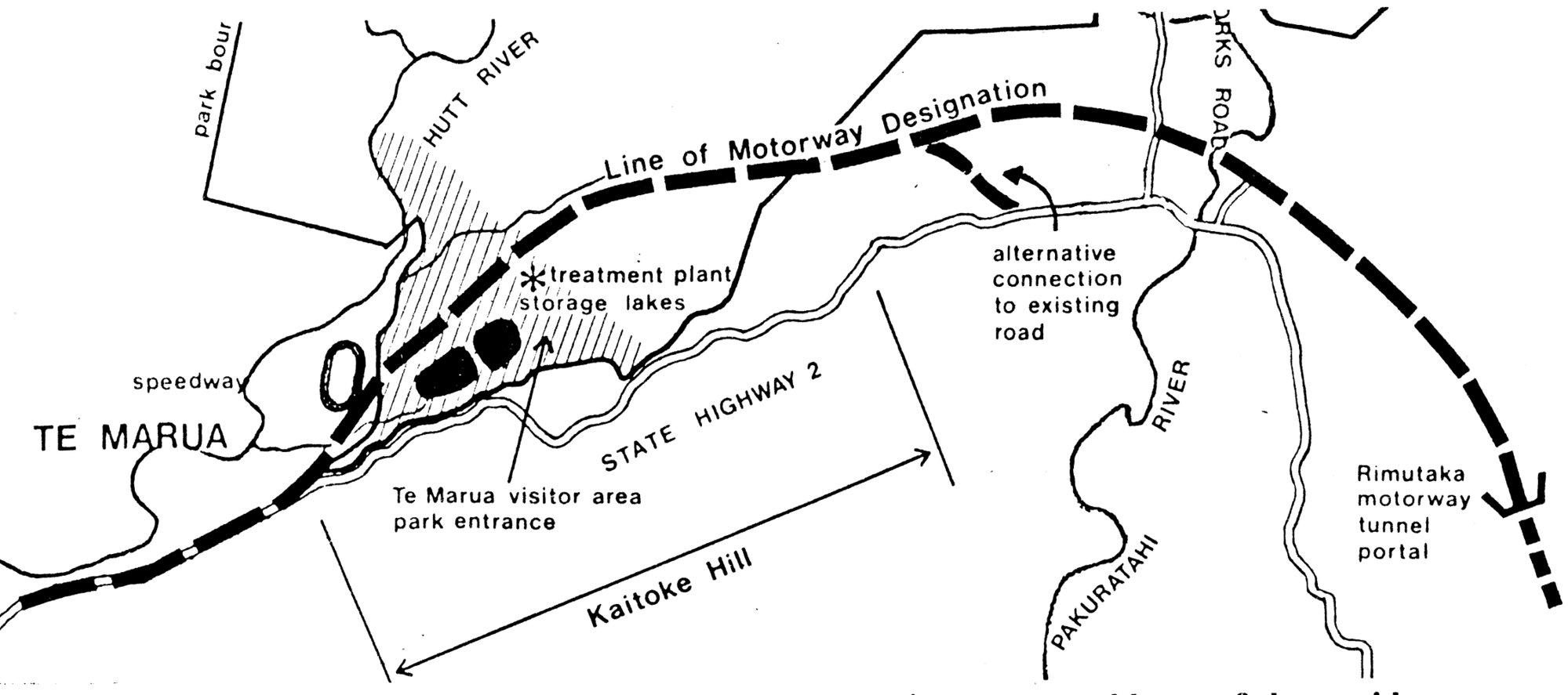 Kaitoke; State Highway 2; northern motorway proposals, 1985.