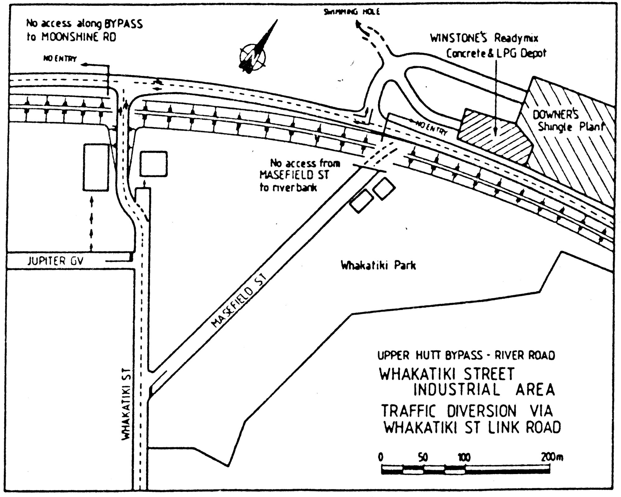 River Road plan 1985; first section to be opened; temporary access to river businesses.