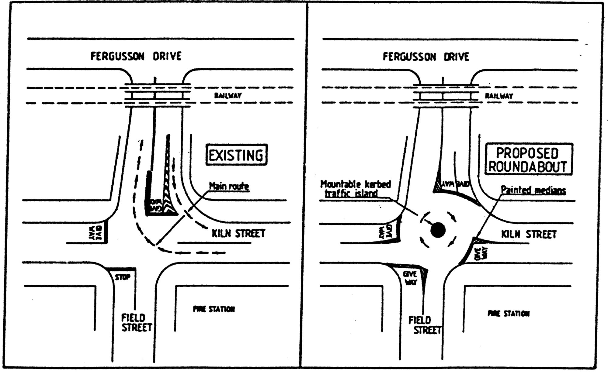 Traffic management 1986; Upper Hutt's first roundabout, intersection of Field and Kiln streets, Silverstream.