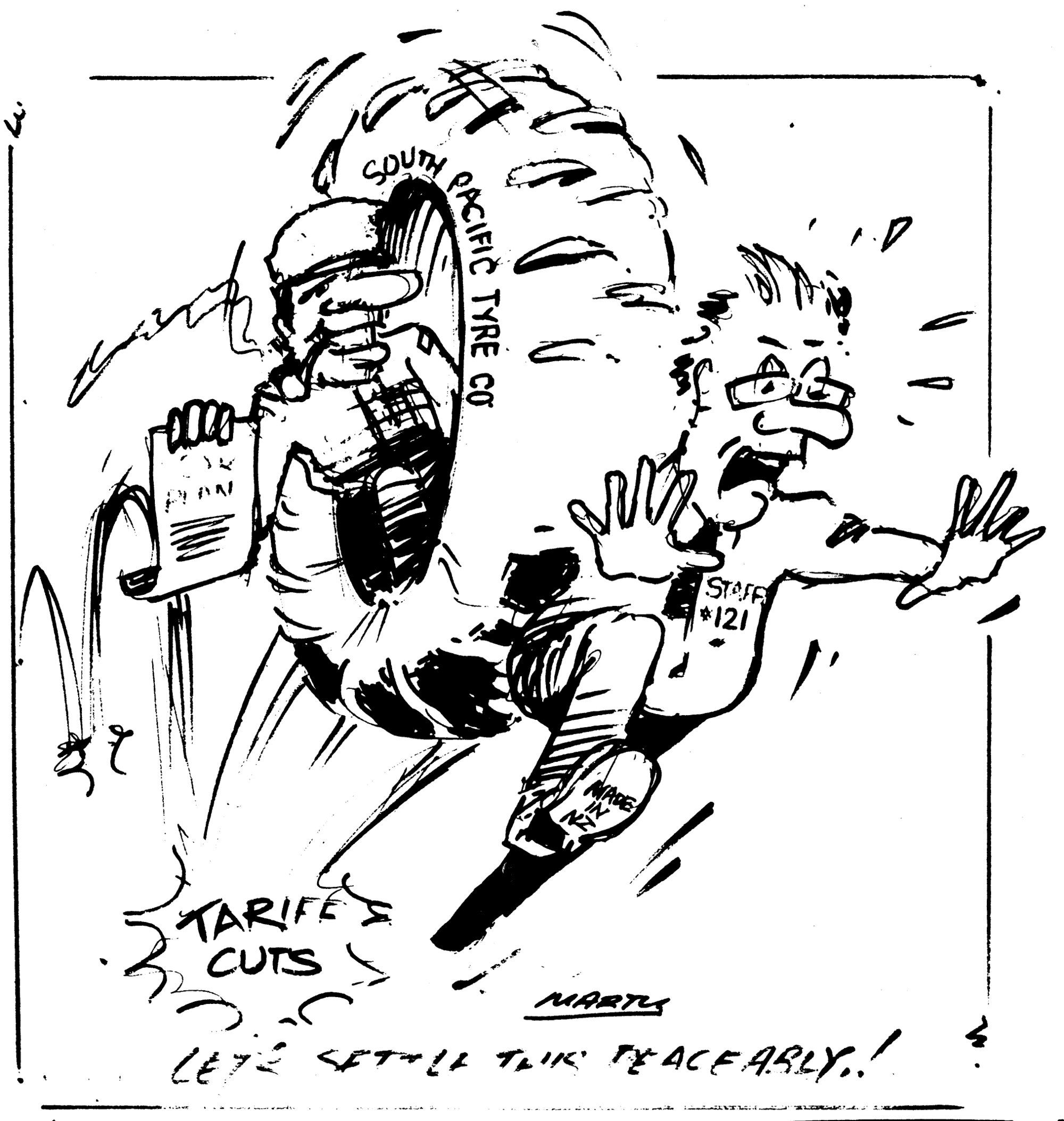 Tyre factory; threatened redundancies; cartoon