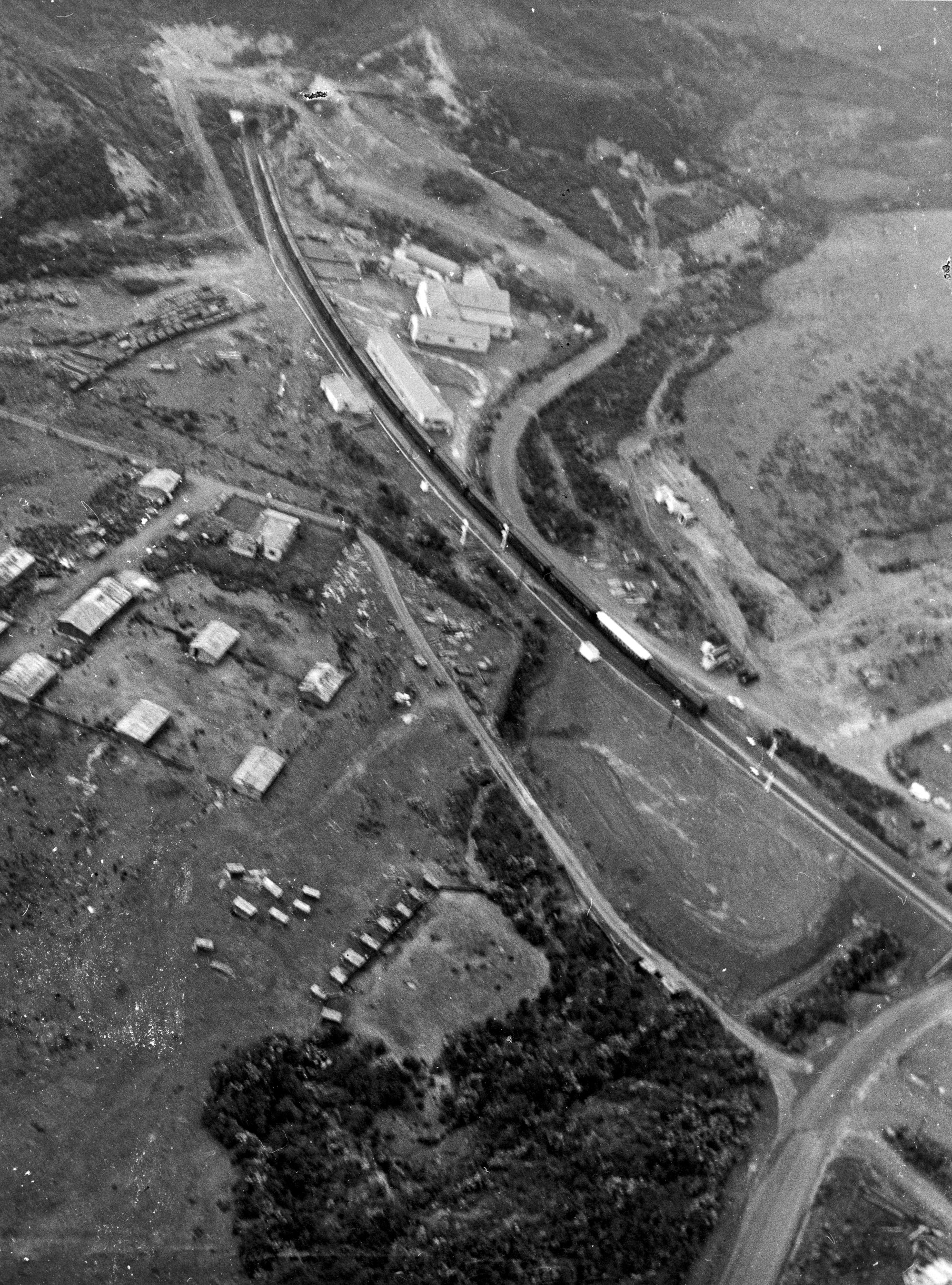 Aerial view 1955; Mangaroa (later Maymorn) Rimutaka Tunnel/Deviation opening day.