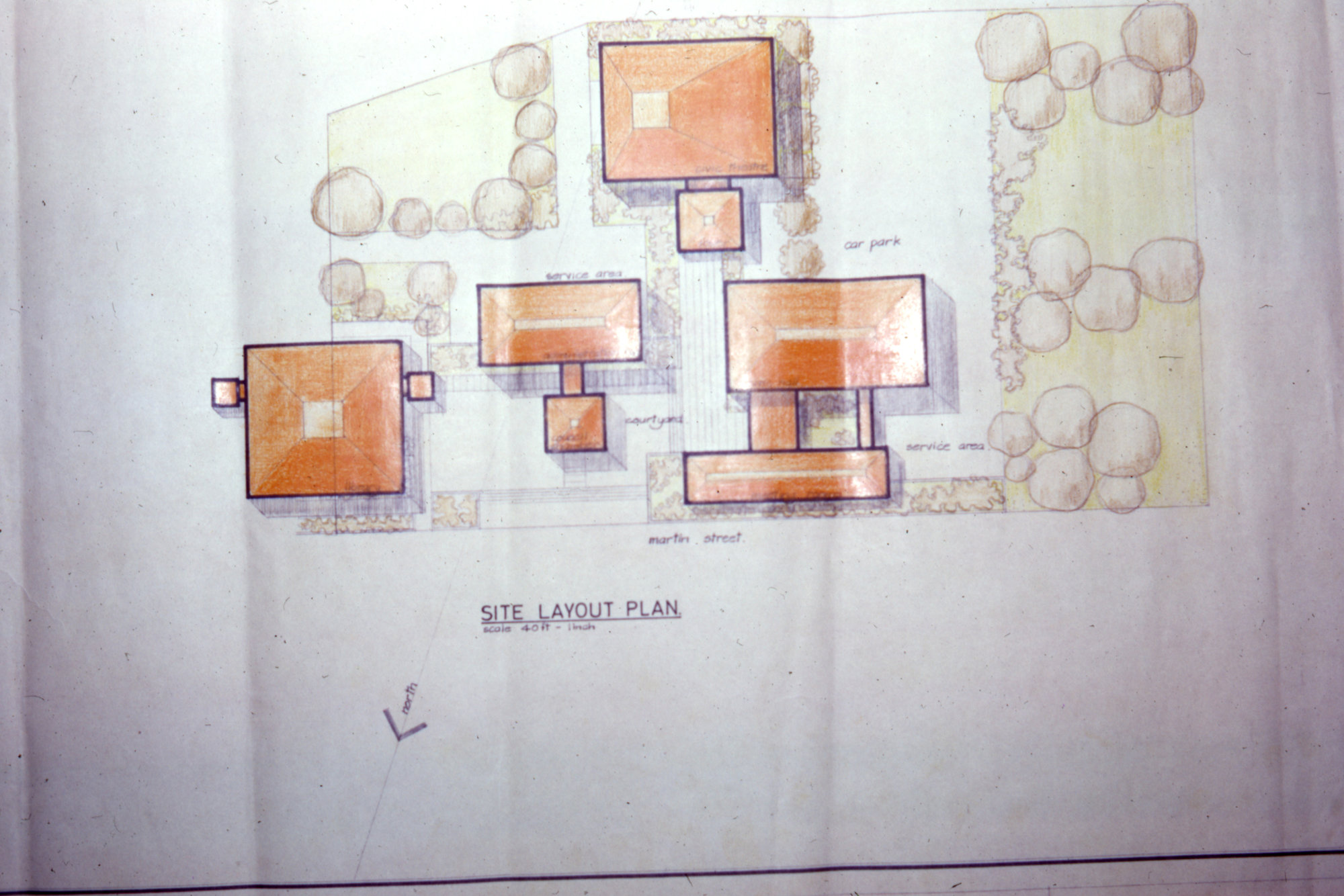 Civic Centre design  7, April 1968; architect's drawing; site plan