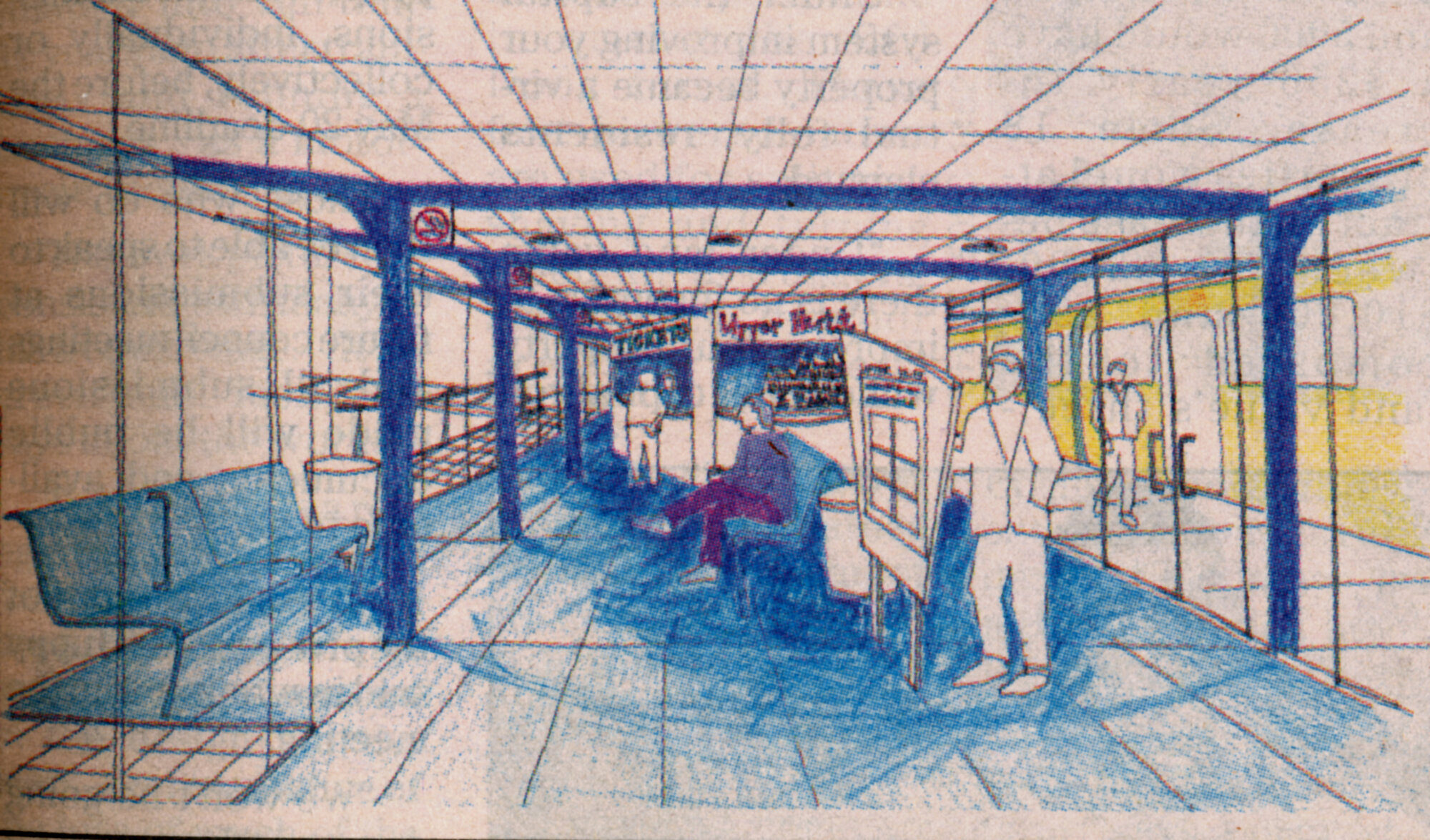 Upper Hutt railway station 2002 'glass and girder' proposal; ticketing and waiting area, from the west.