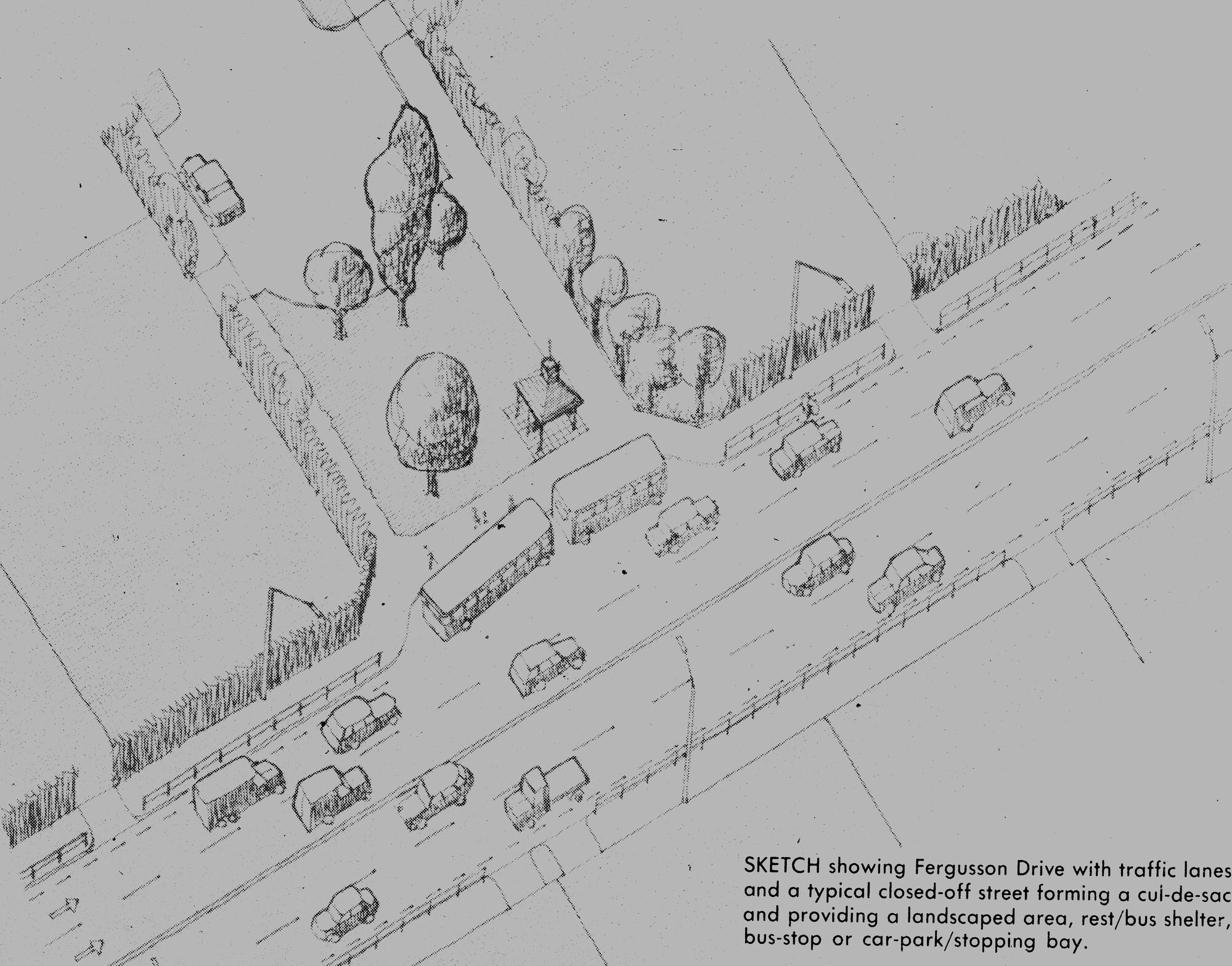 Traffic management 1980; Fergusson Drive; proposal for four lanes with limited access; typical junction with closed side street..