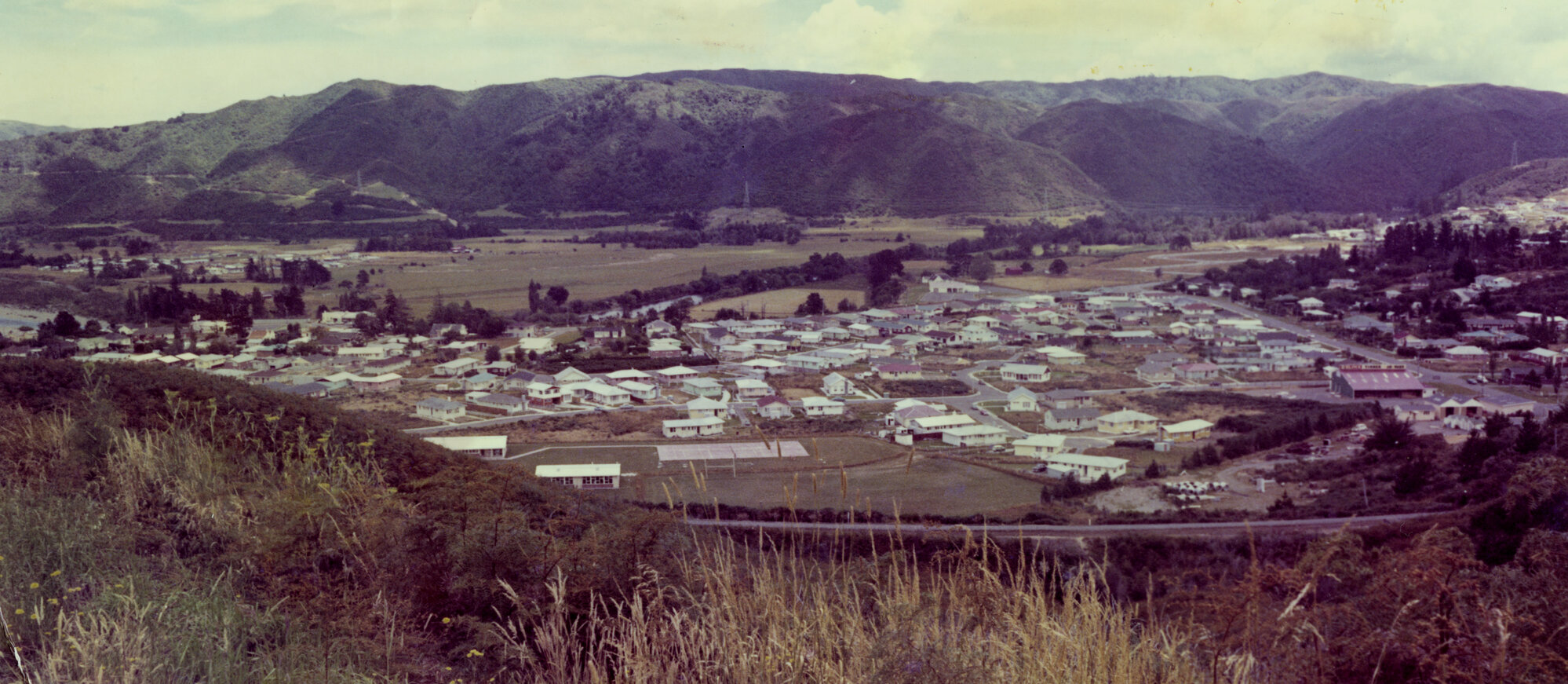 Maoribank from Mangaroa Hill 1971 (4); looking north-west; panorama