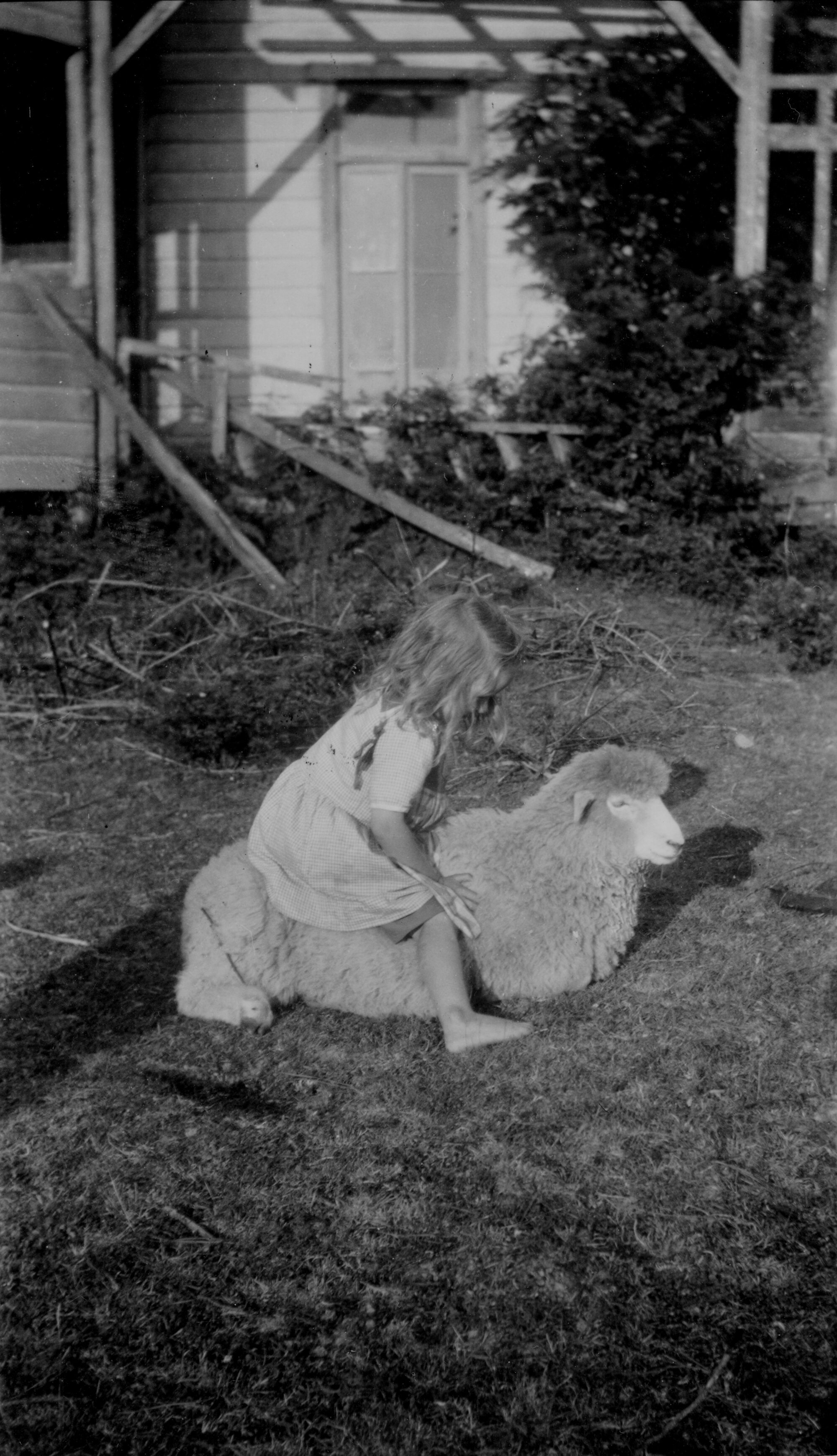 Flora Danahay on Pet Sheep at Front of 'McCurdy's Castle'; ca. 1928