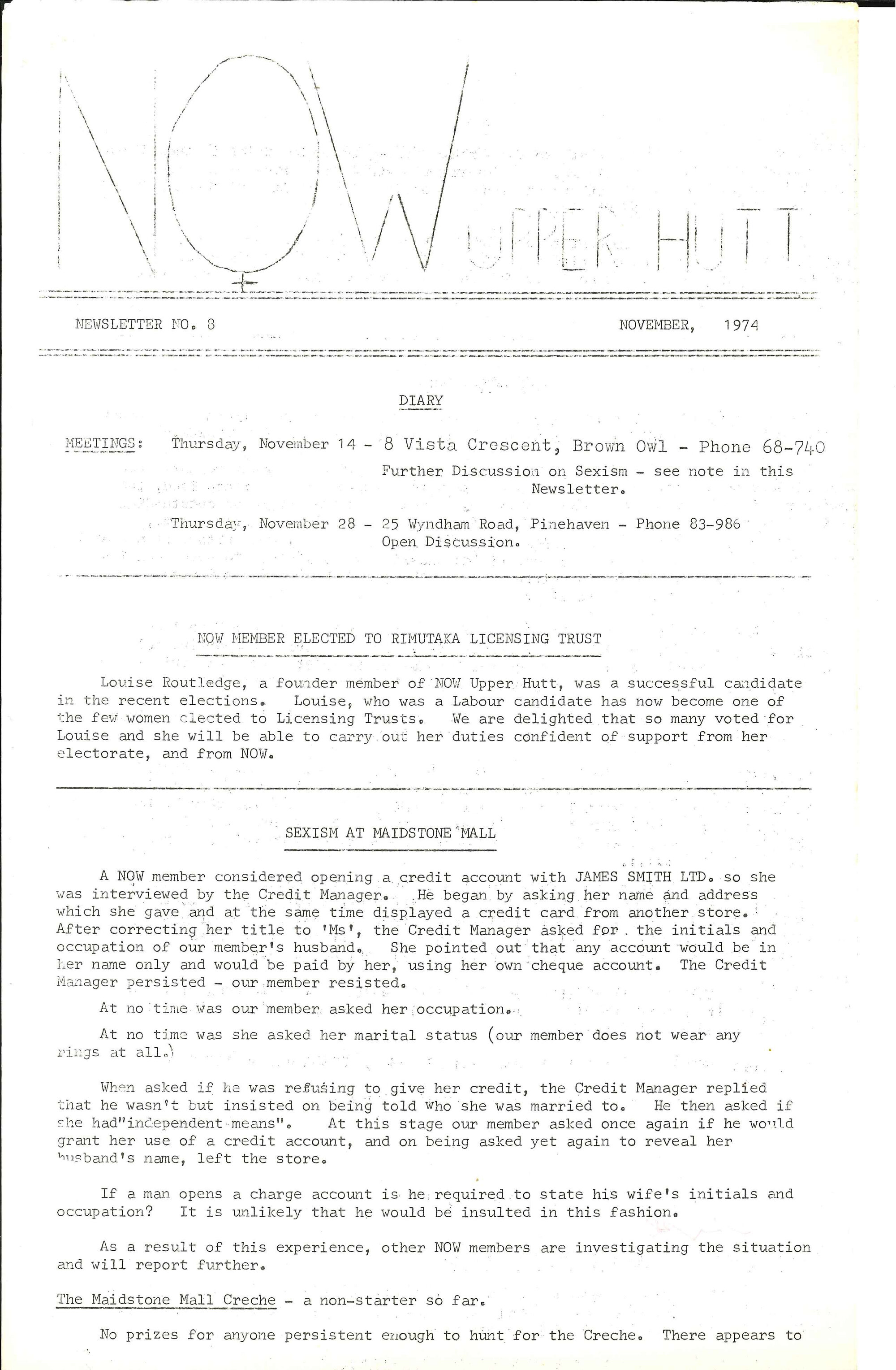 N.O.W Upper Hutt; November 1974; Issue 8