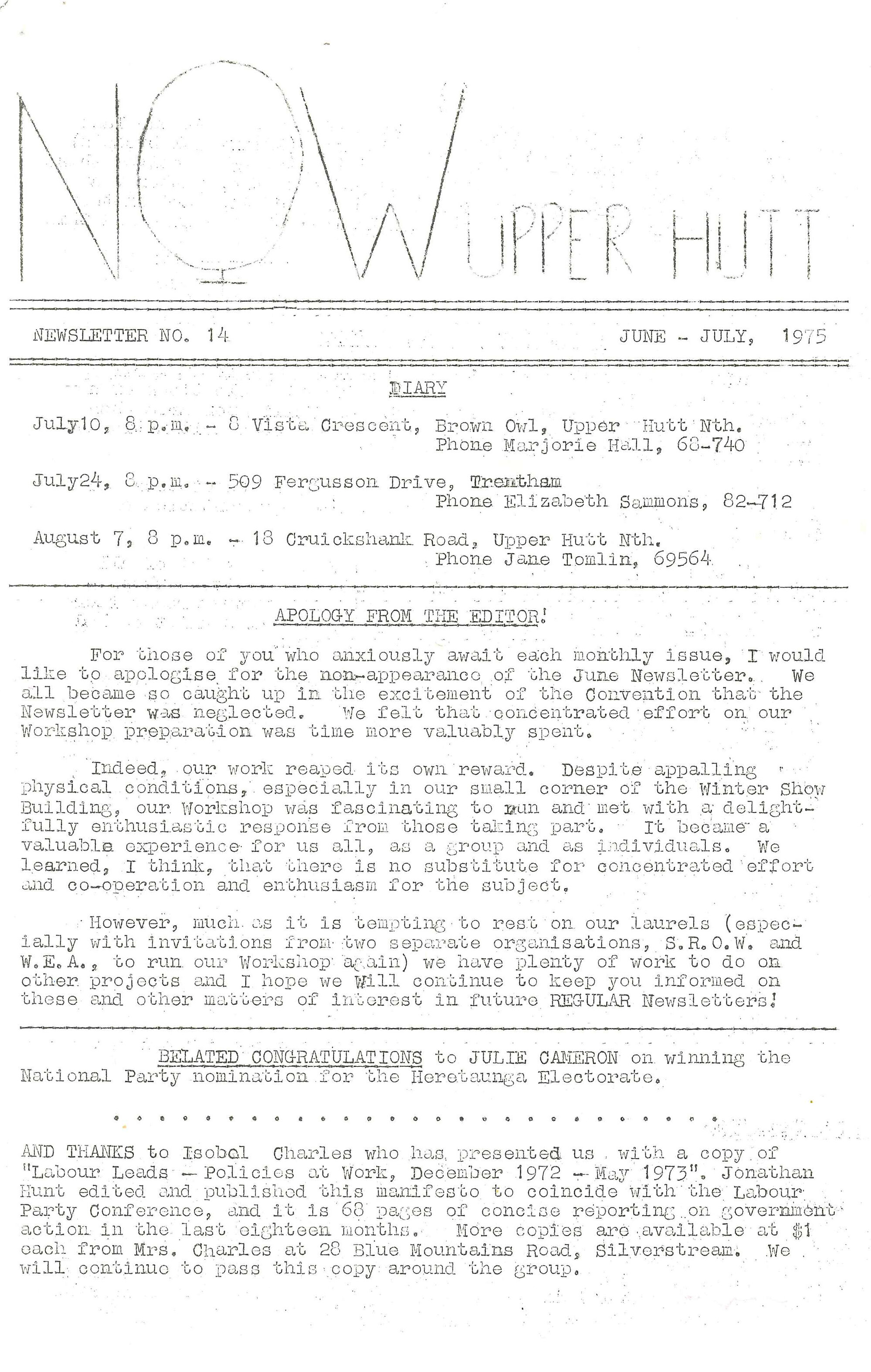 N.O.W Upper Hutt; June/July 1975; Issue 14