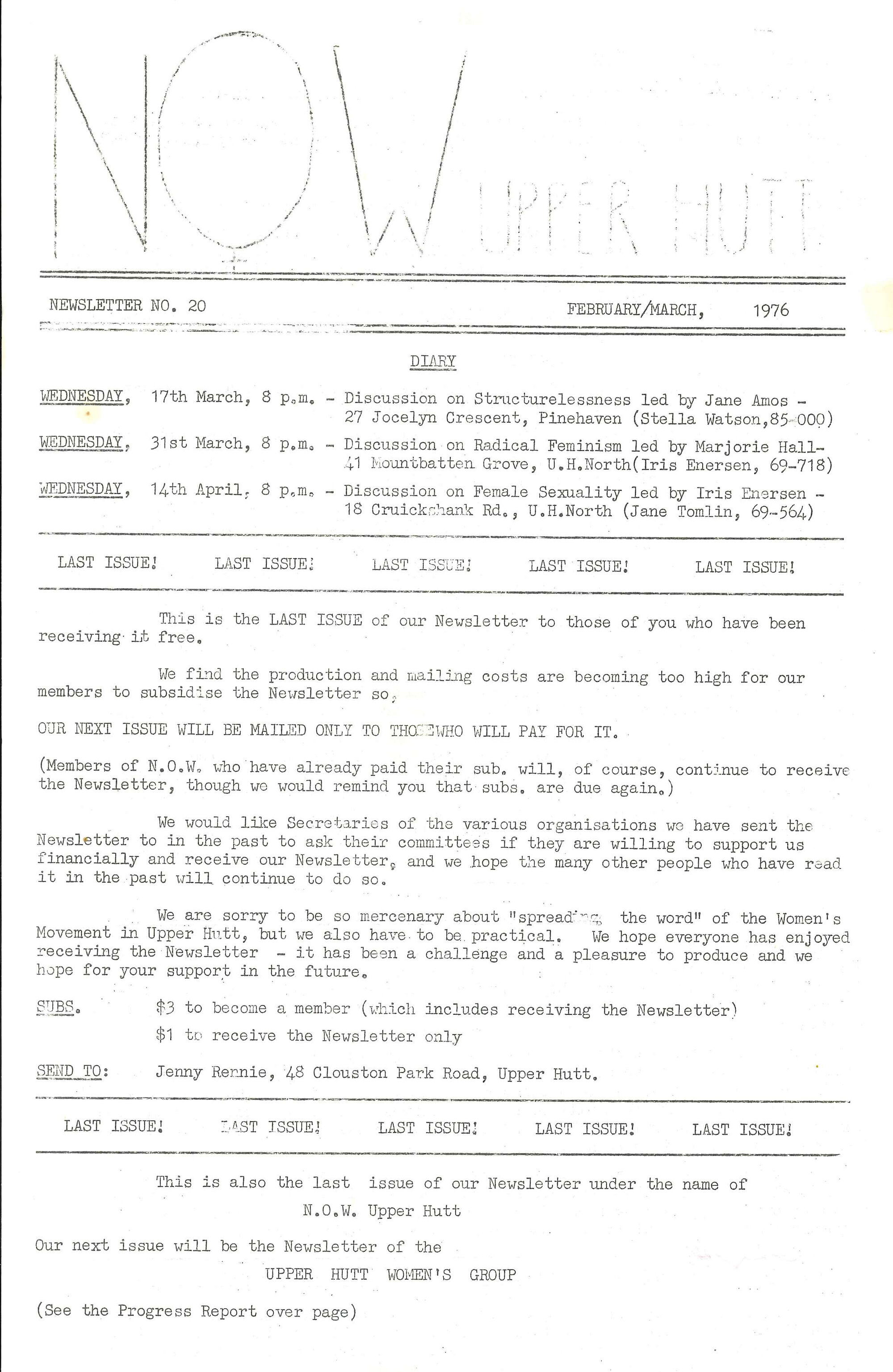 N.O.W Upper Hutt; February/March 1976; Issue 20
