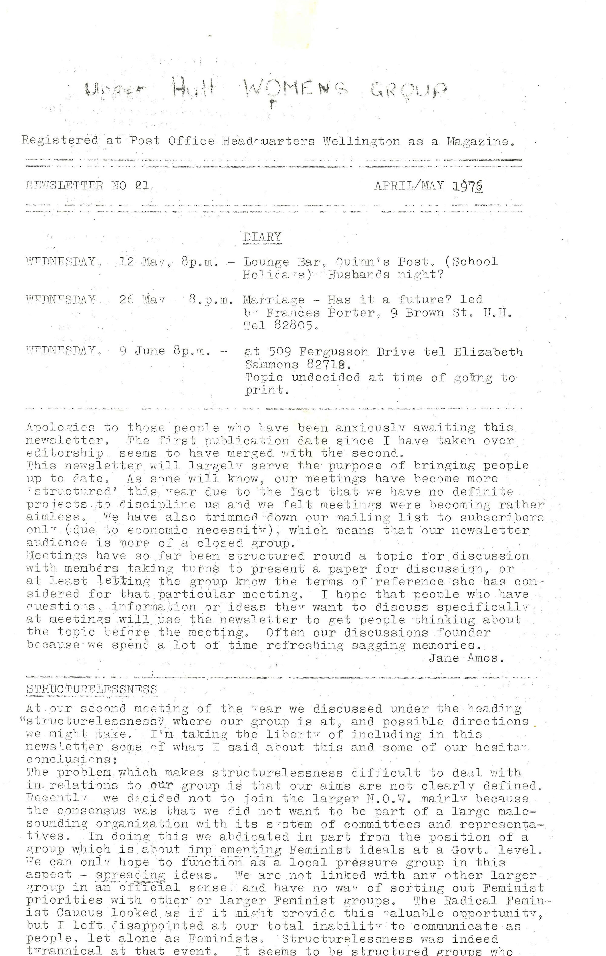 Upper Hutt Women's Group; April/May 1976; Issue 21