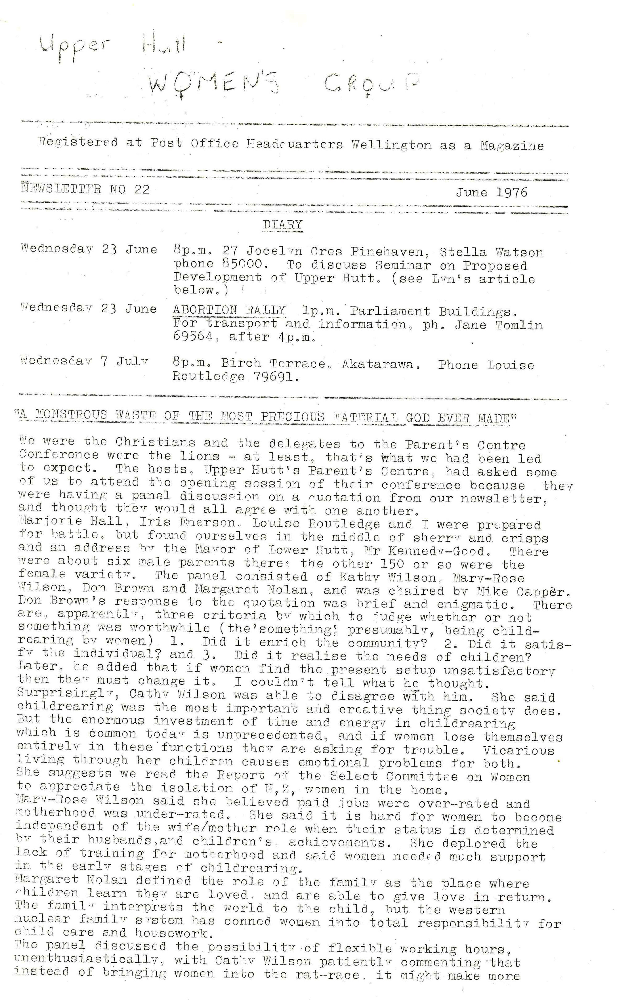 Upper Hutt Women's Group; June 1976; Issue 22